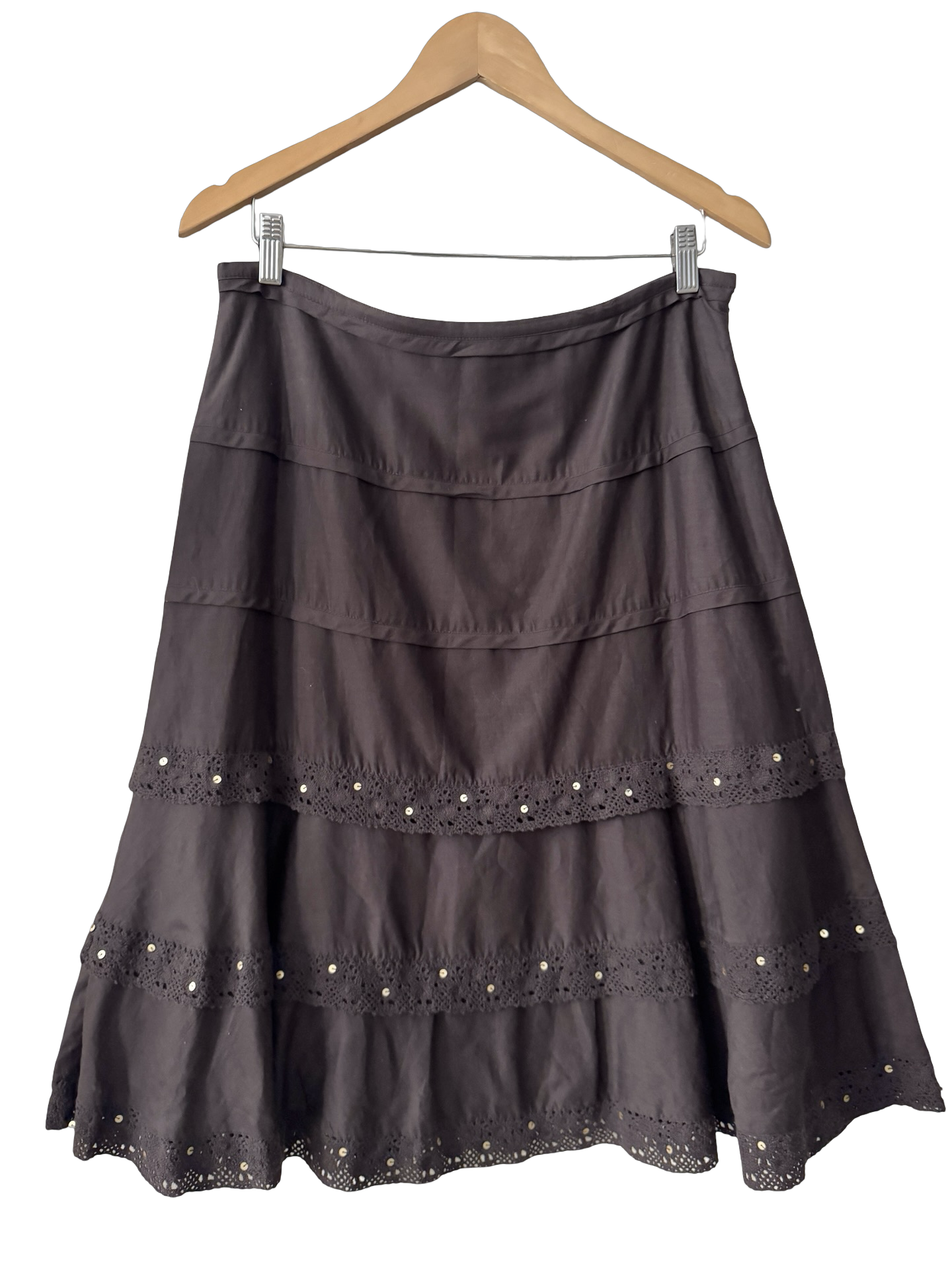 Vintage Y2K Chocolate Eyelet Tiered Midi Skirt (M)