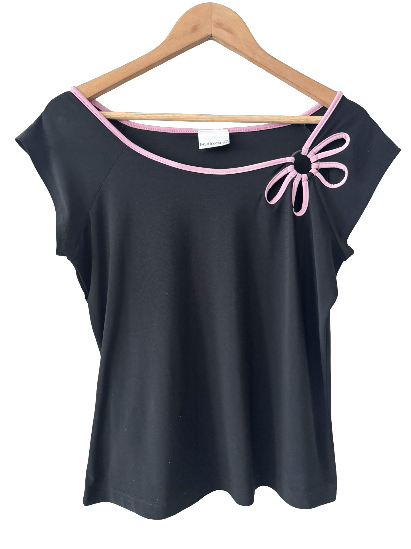 Vintage 90s Fashion Bug Black and Pink Bow Top (XL)