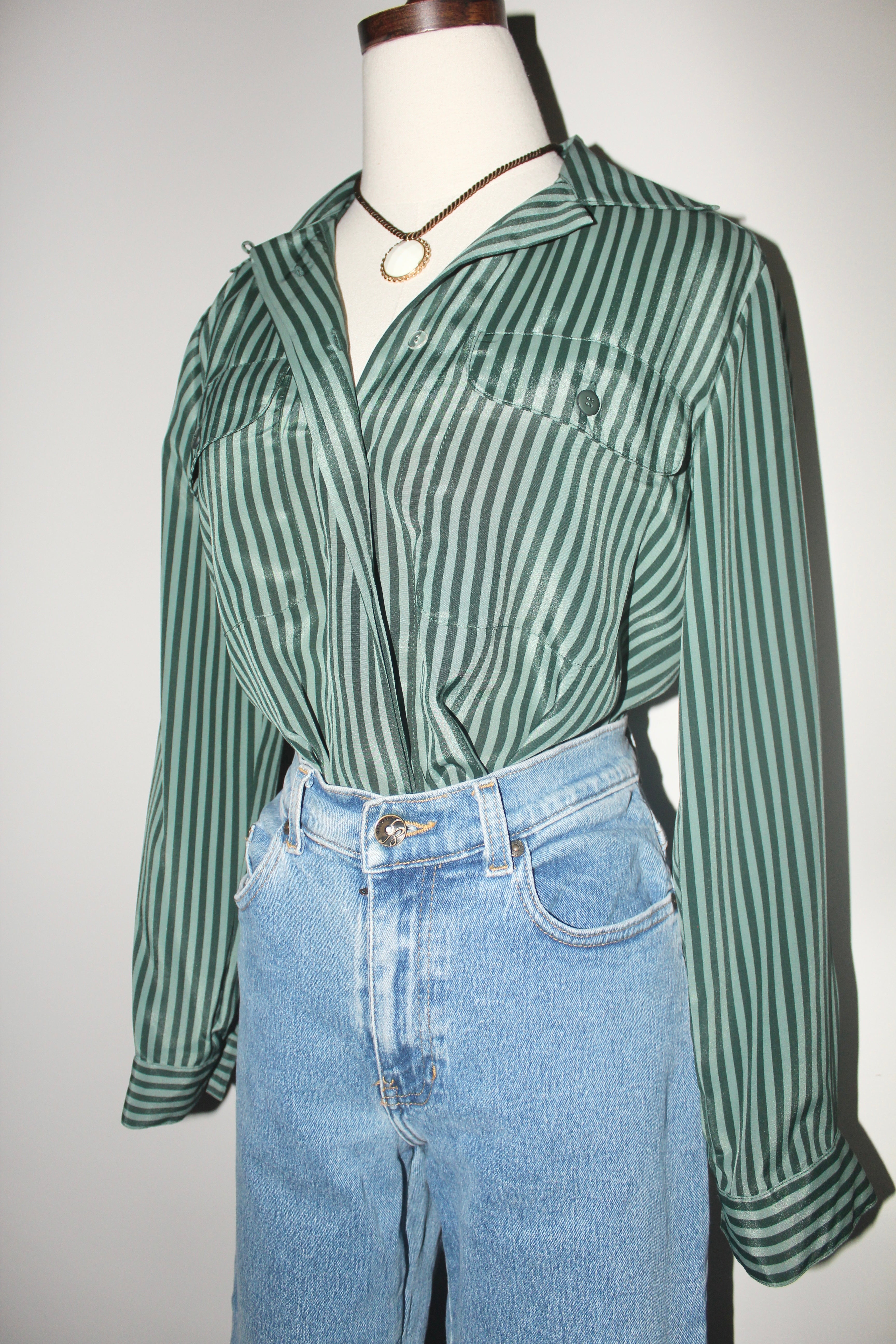 Vintage 90s Green Striped Button Up (M)