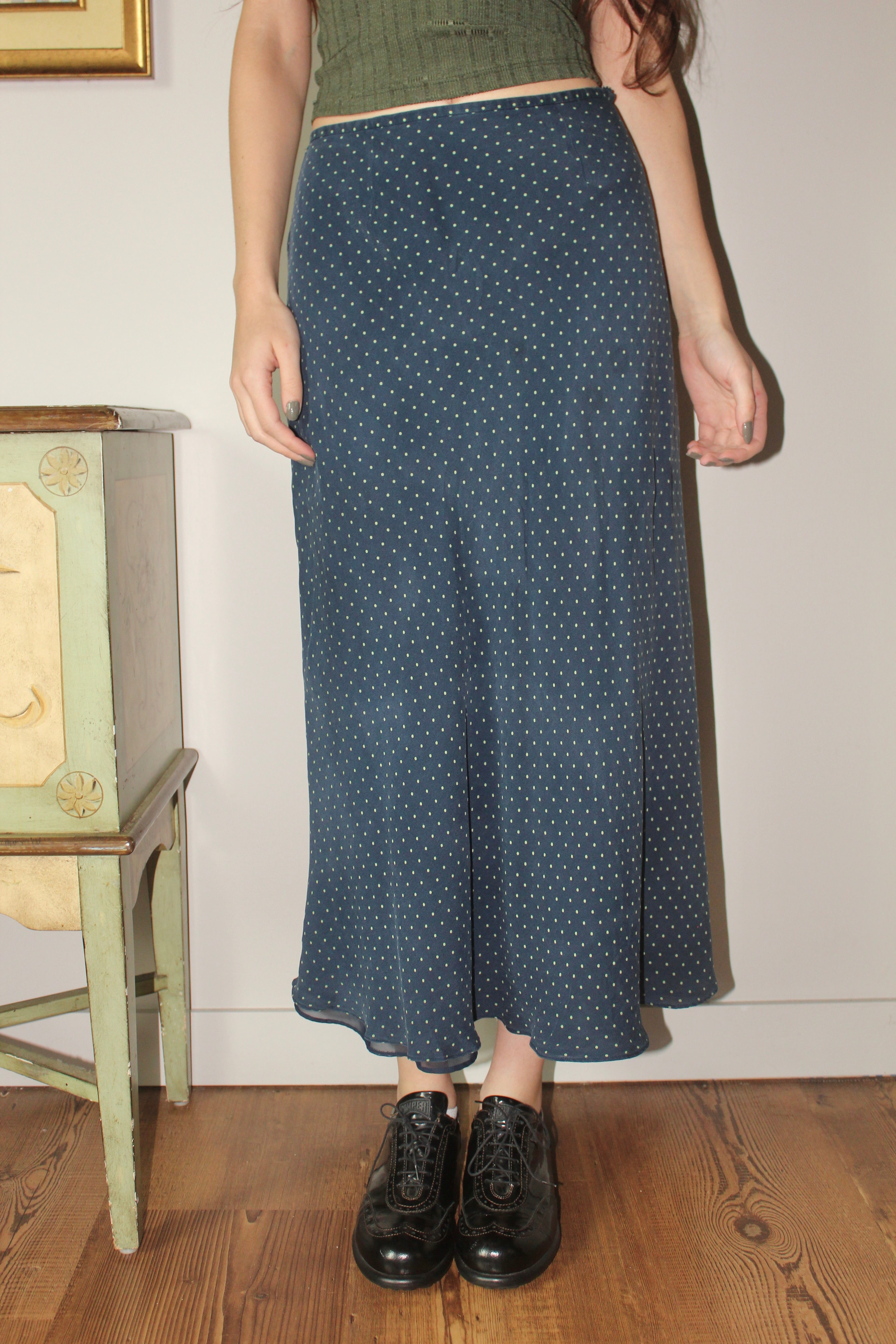 Vintage 90s Silk Dotted MIdi Skirt (S)