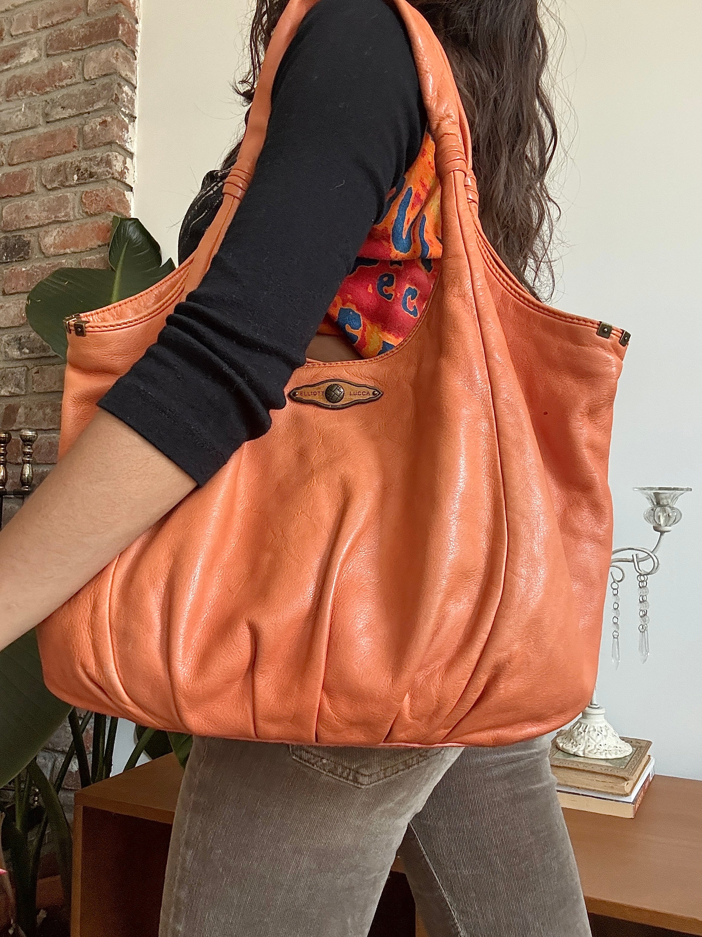 Vintage Y2K Elliott Lucca Apricot Leather Cloud Tote