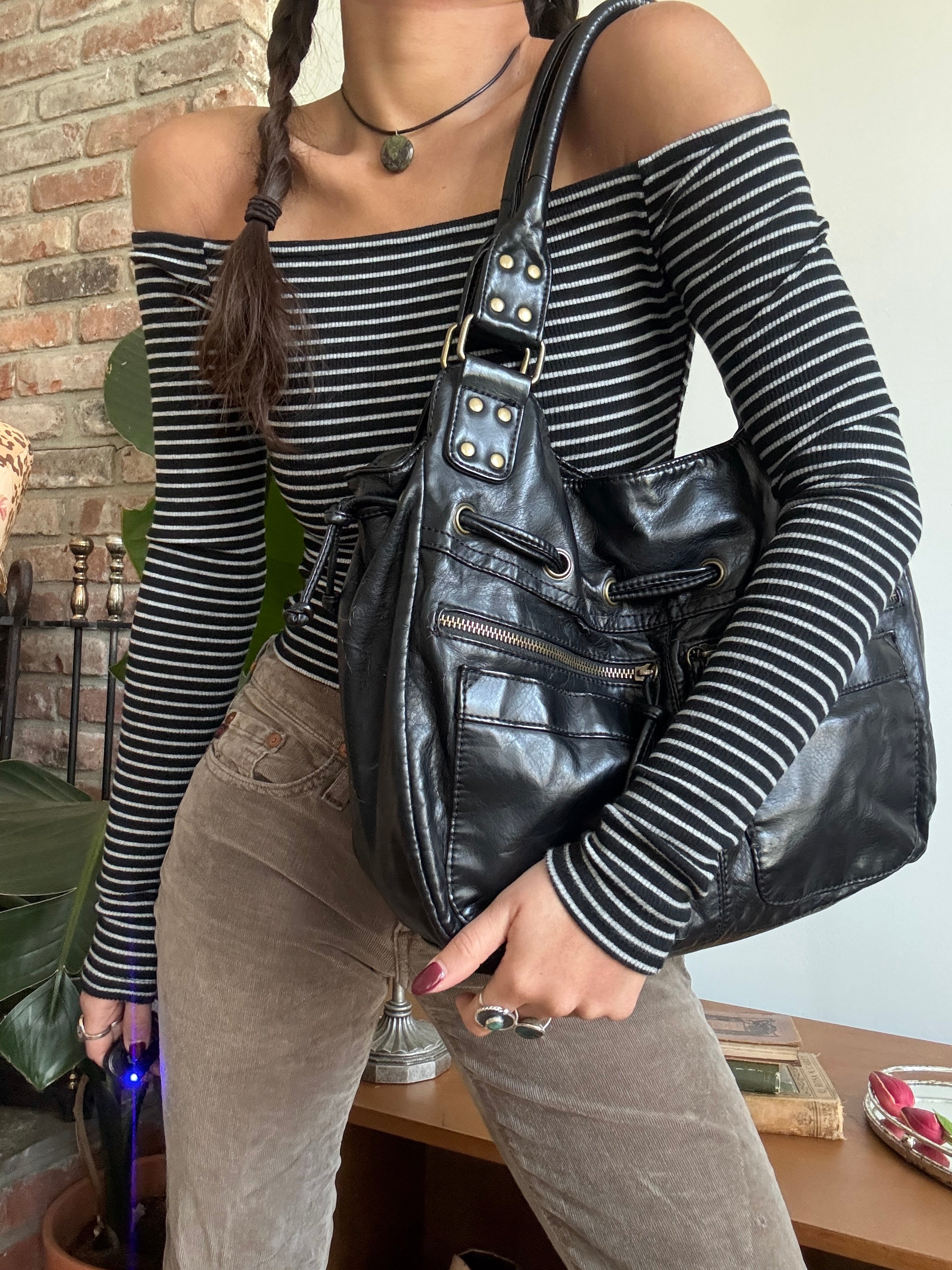 Vintage 90s Studded Black Drawstring Shoulder Bag