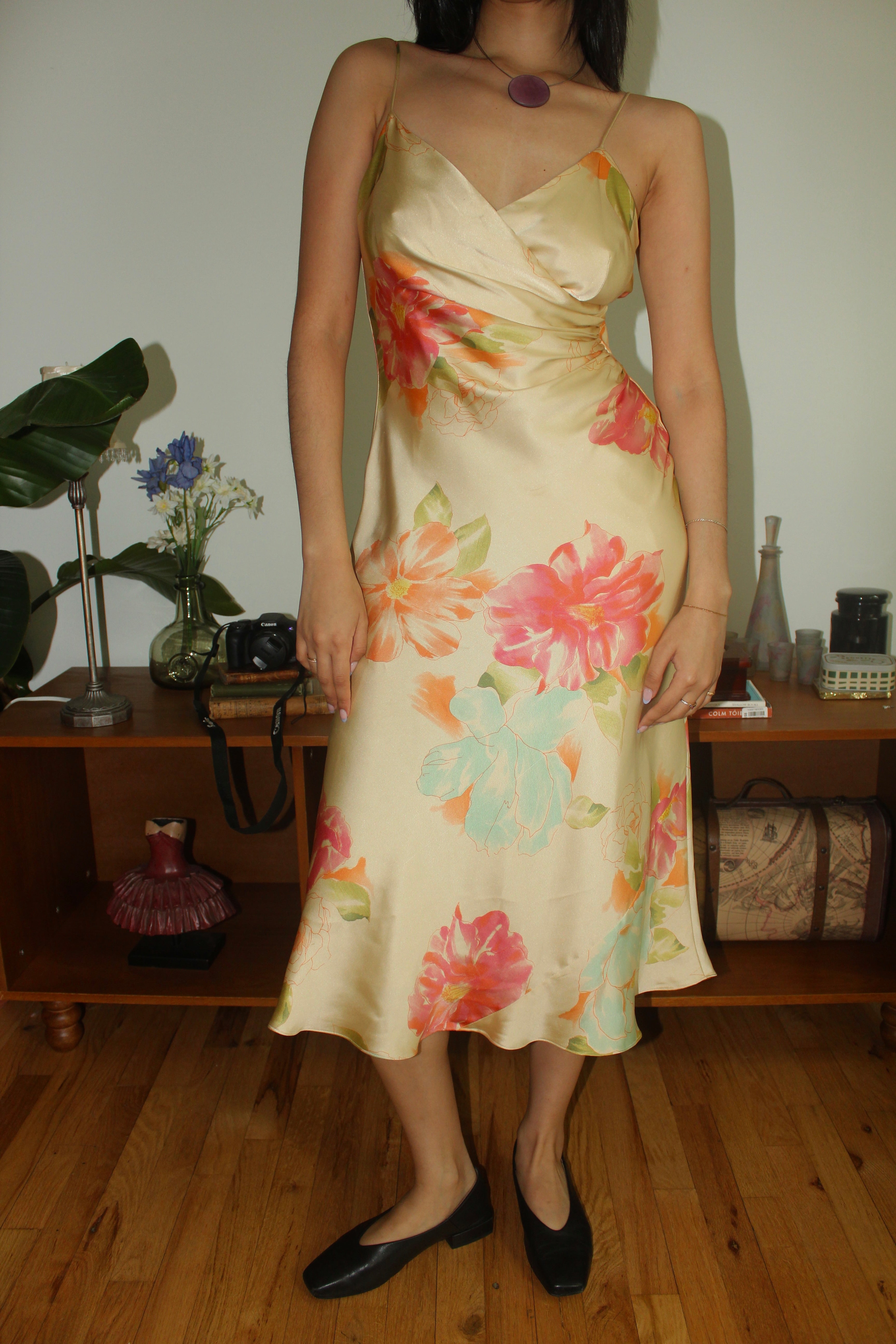 Vintage Y2Ks Golden Hour Floral Silk Slip Dress (M)