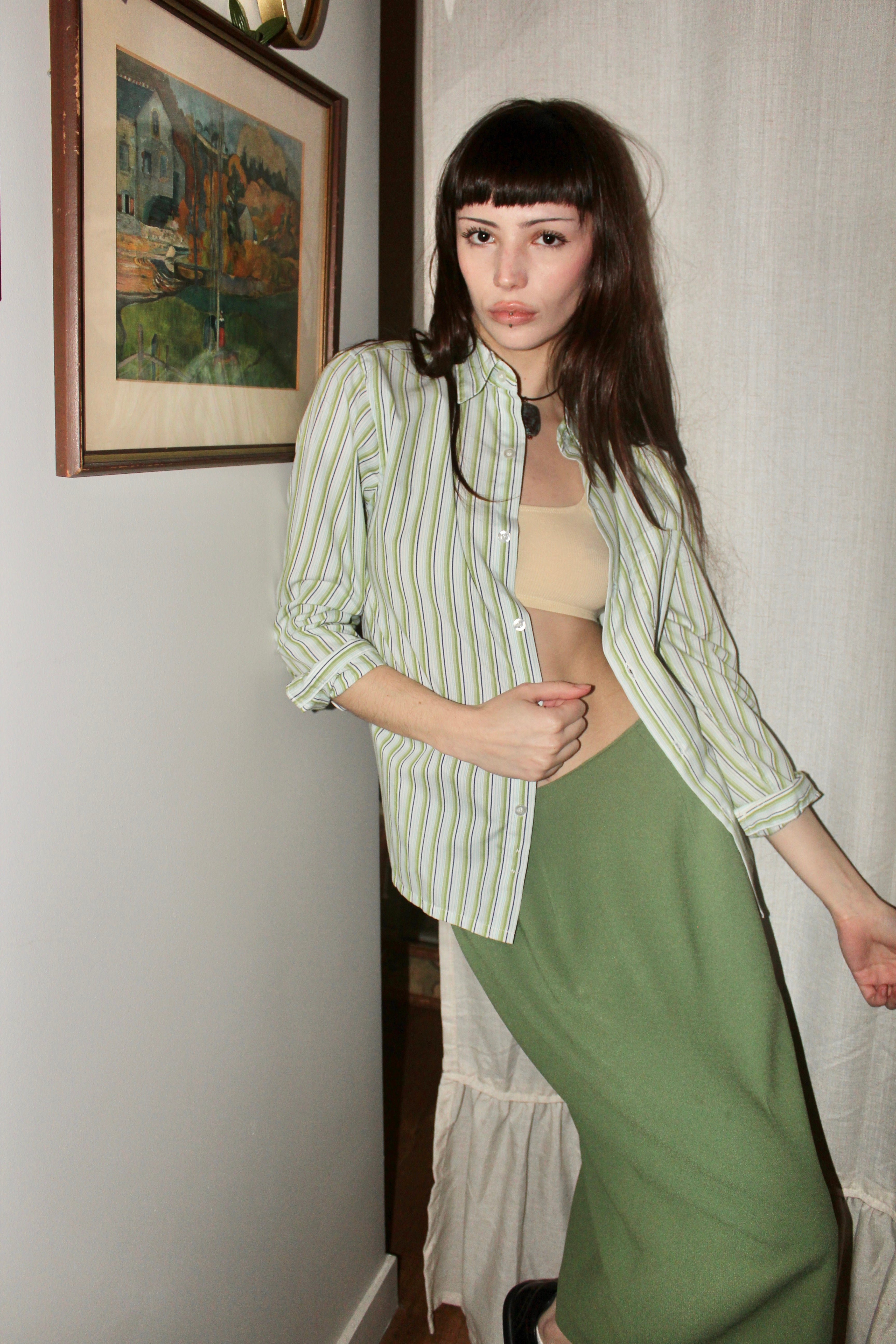 Vintage 90s Green White Striped Button Up (M)