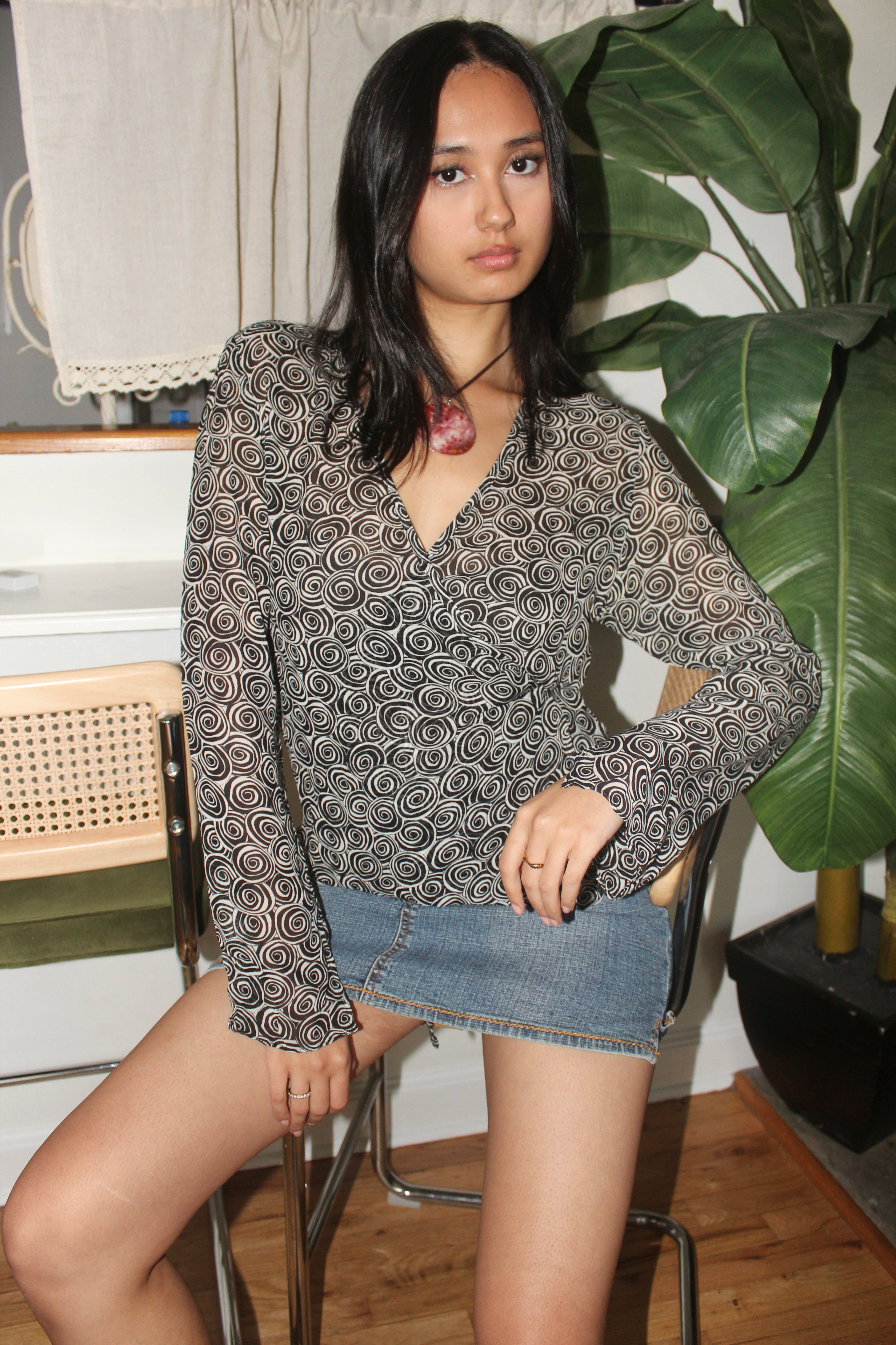 Vintage 90s Squiggly Patterned Wrap Blouse (S)