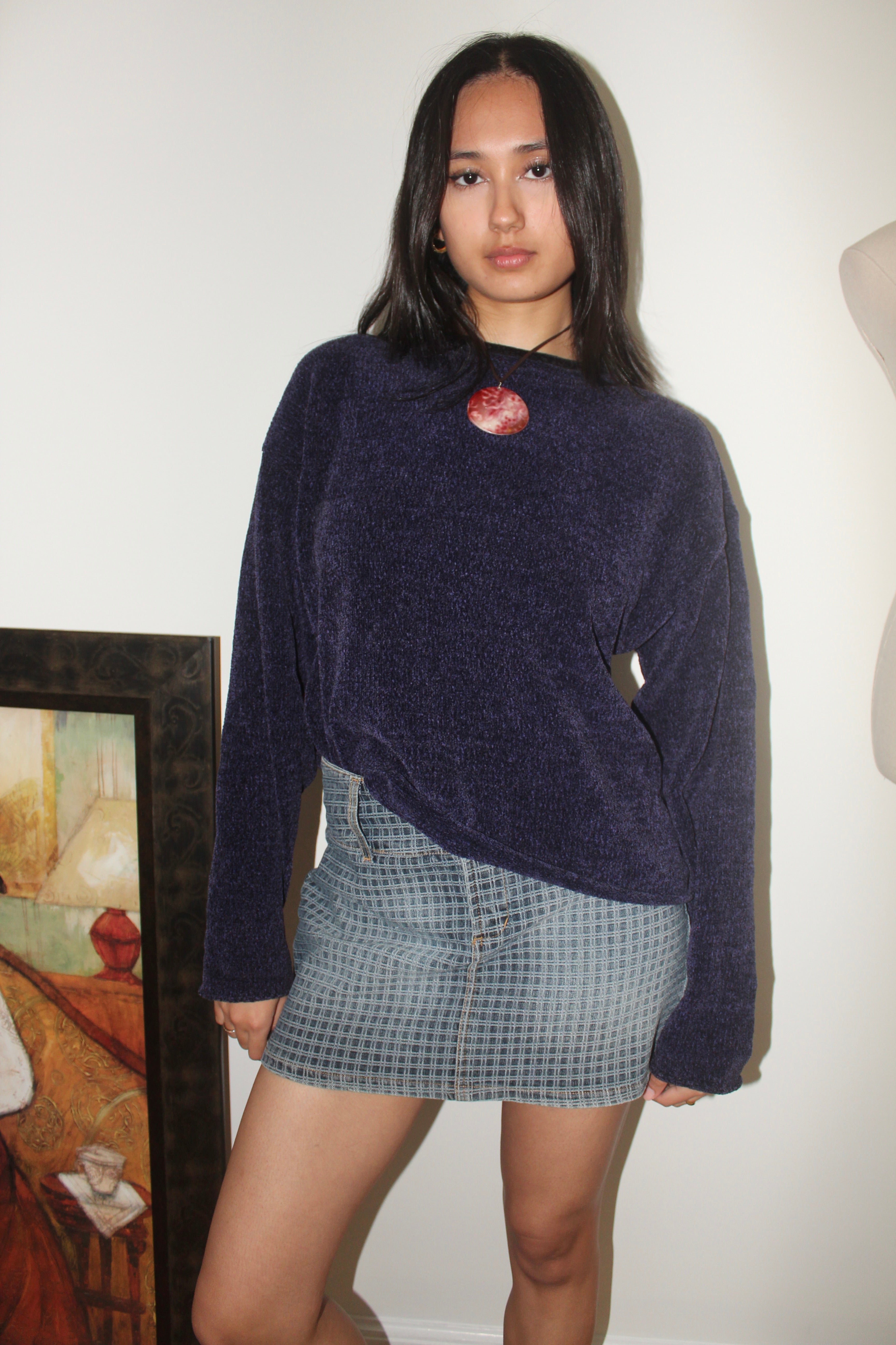 Vintage 90s Cozy Indigo Crushed Velvet Sweater (M)