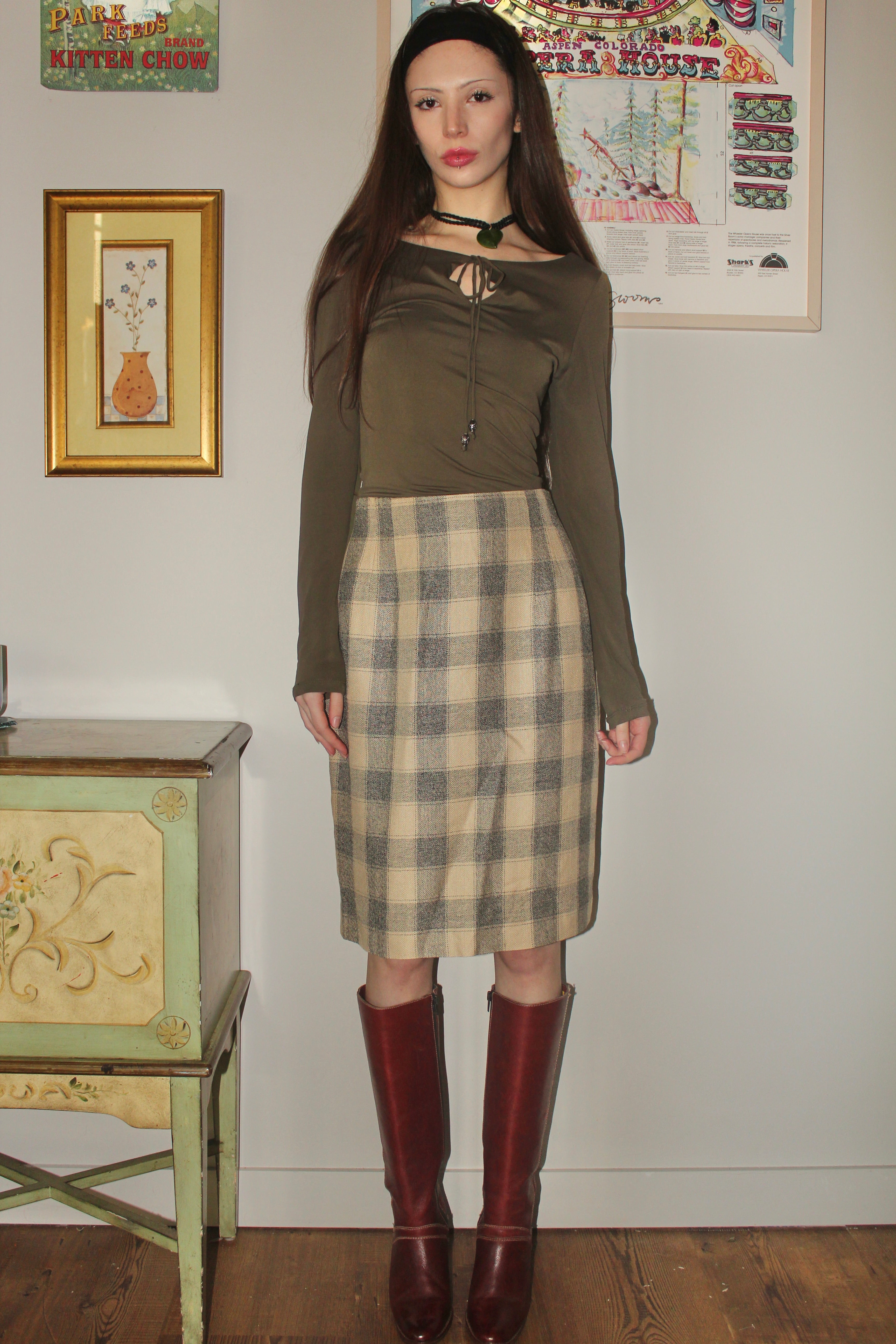 Vintage 80s Retro Plaid Midi Skirt (S/M)