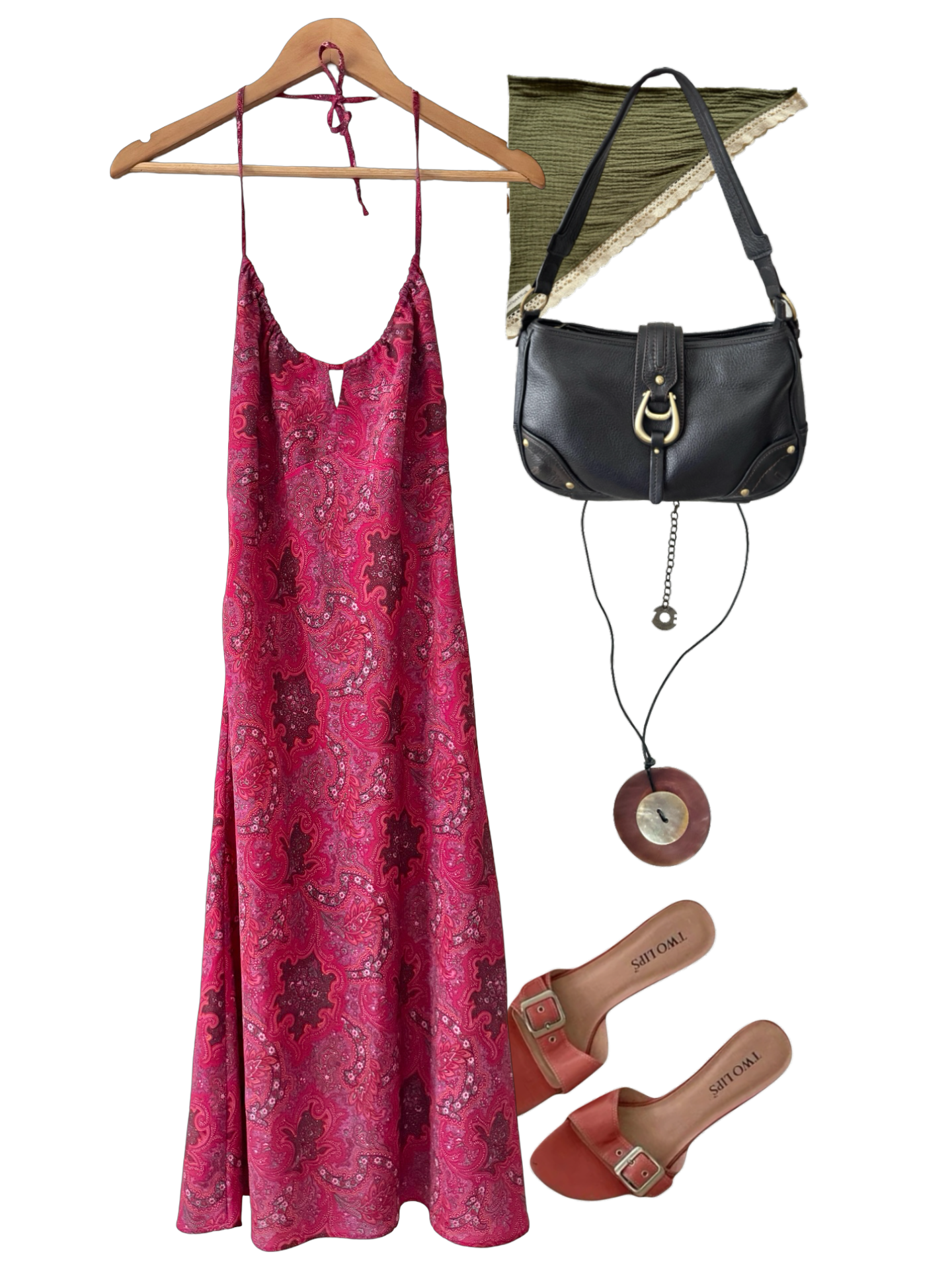 Vintage Y2K Raspberry Paisley Halter Dress (S/M)