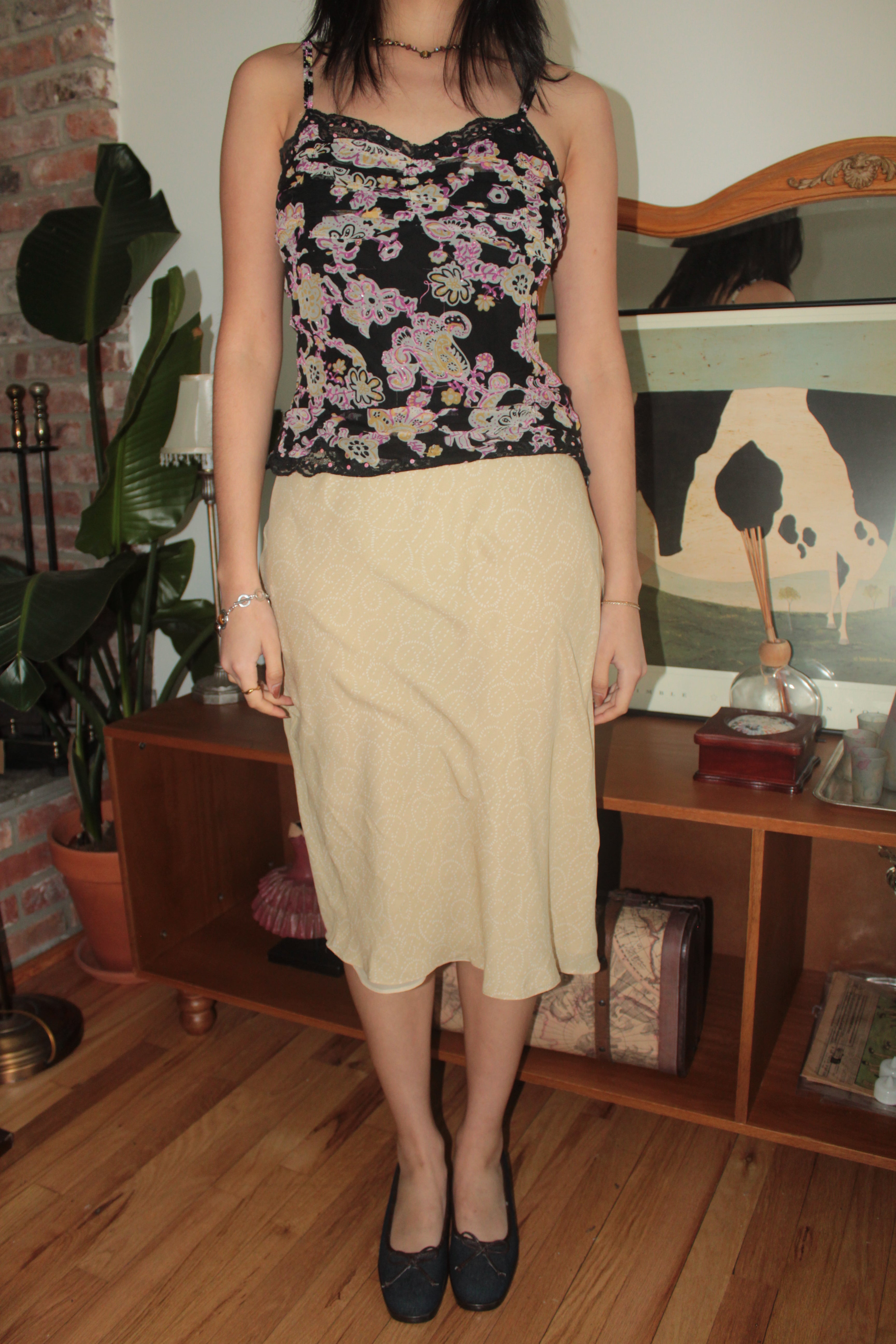 Vintage 90s Buttercream Paisley Slip Silk Skirt (S/M)