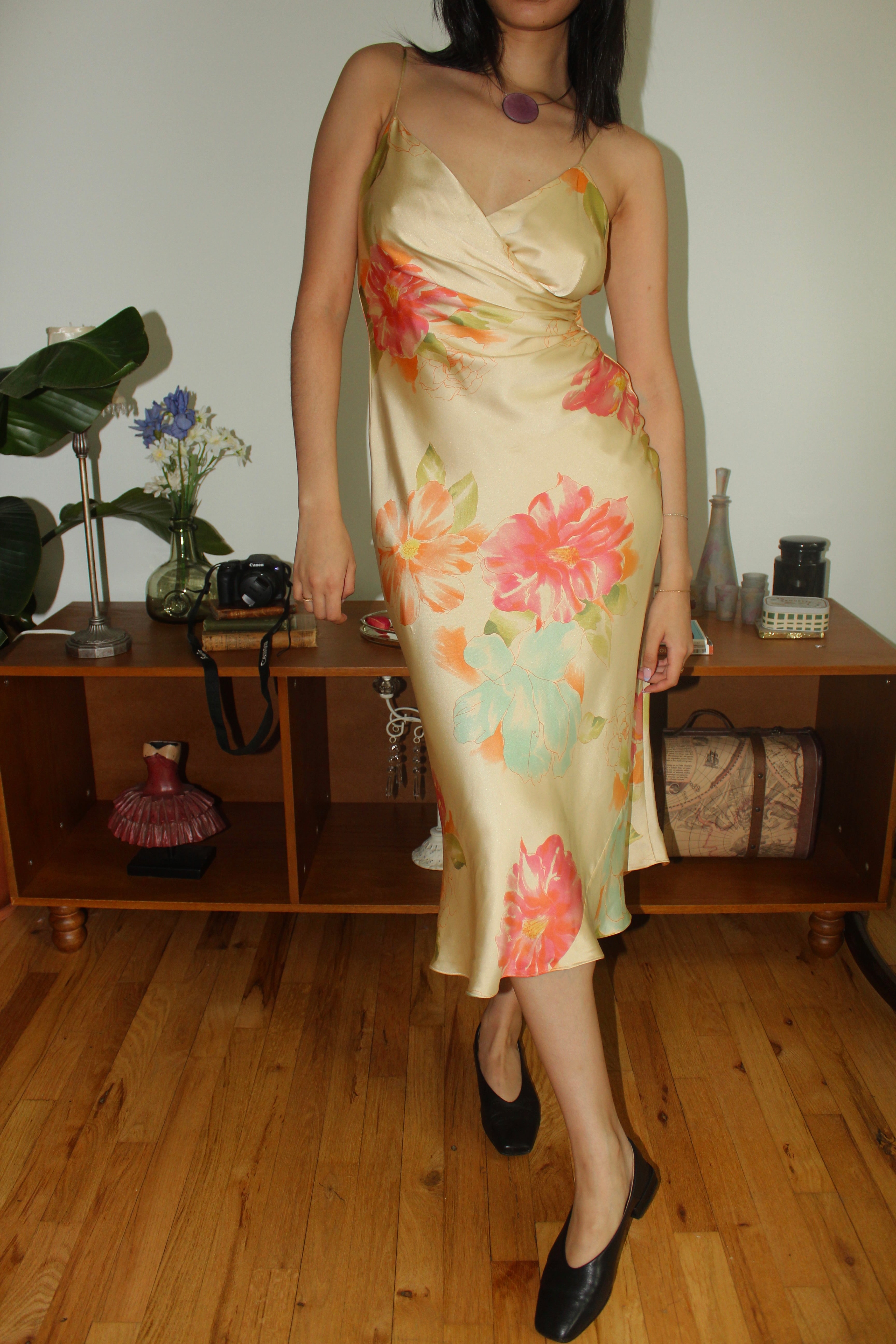 Vintage Y2Ks Golden Hour Floral Silk Slip Dress (M)
