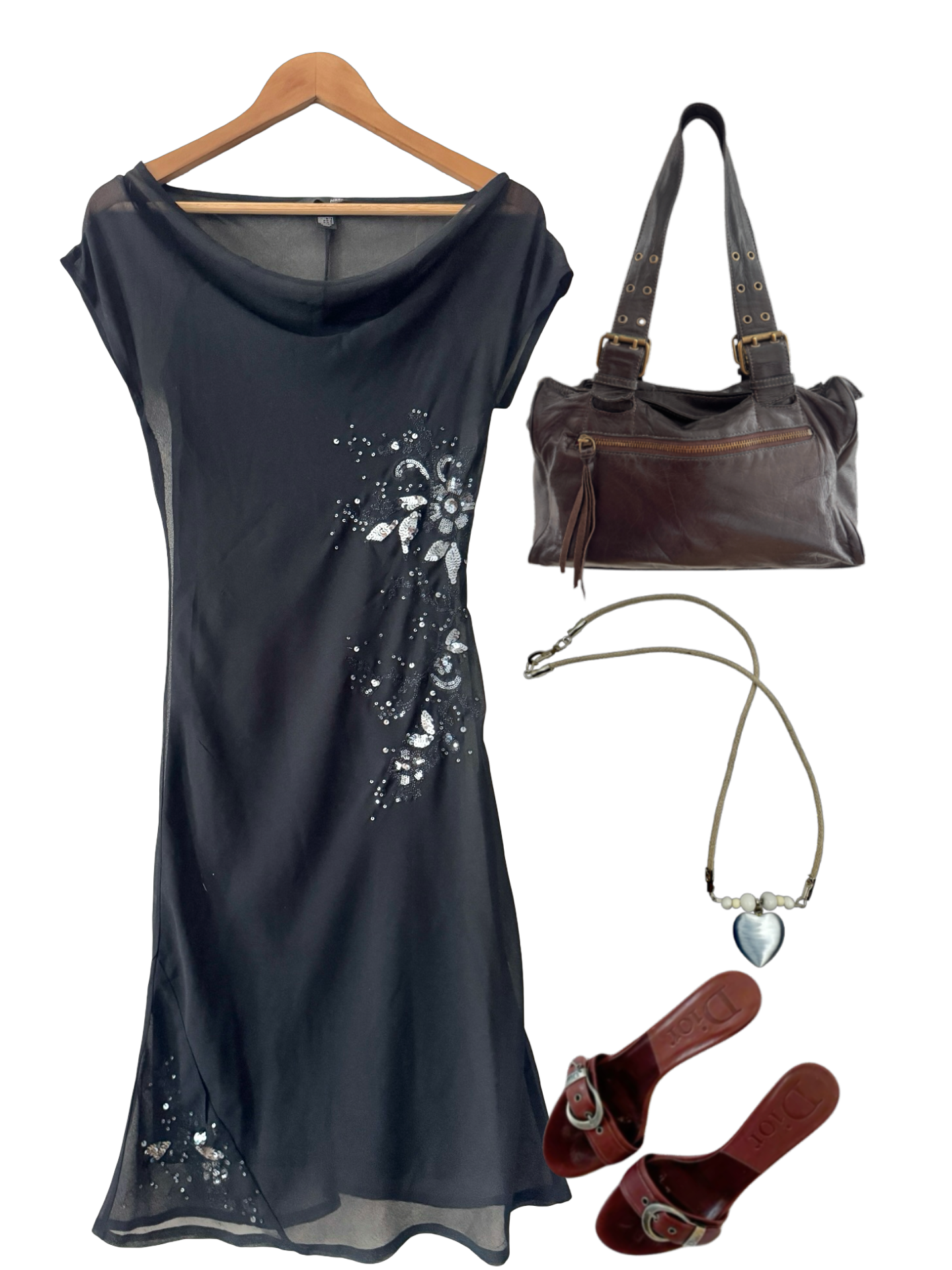 Vintage Y2K Black Beaded Sheer Cowl Neck Midi Dress (S)