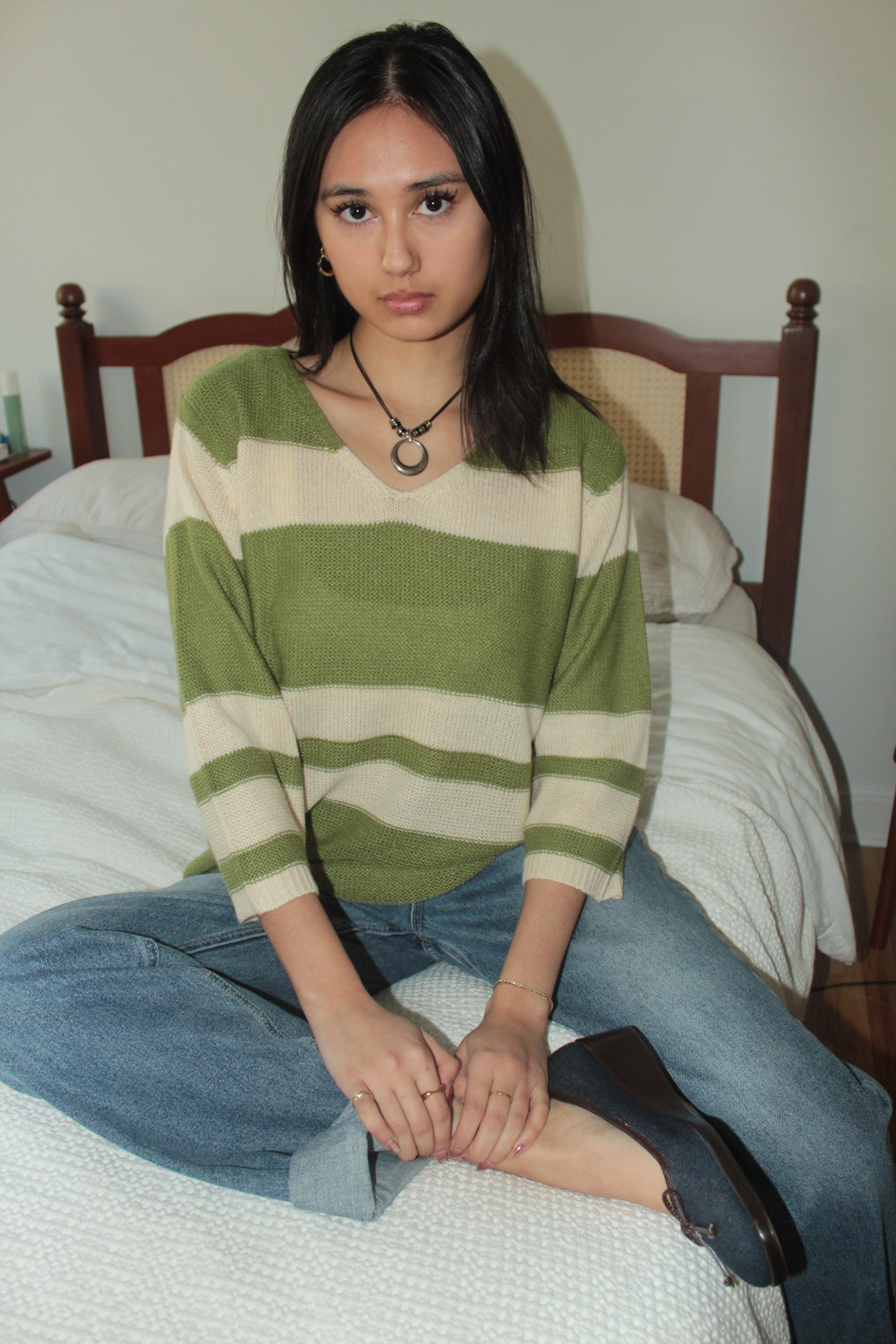 Vintage 90s Olive & Cream Striped Knit (M)