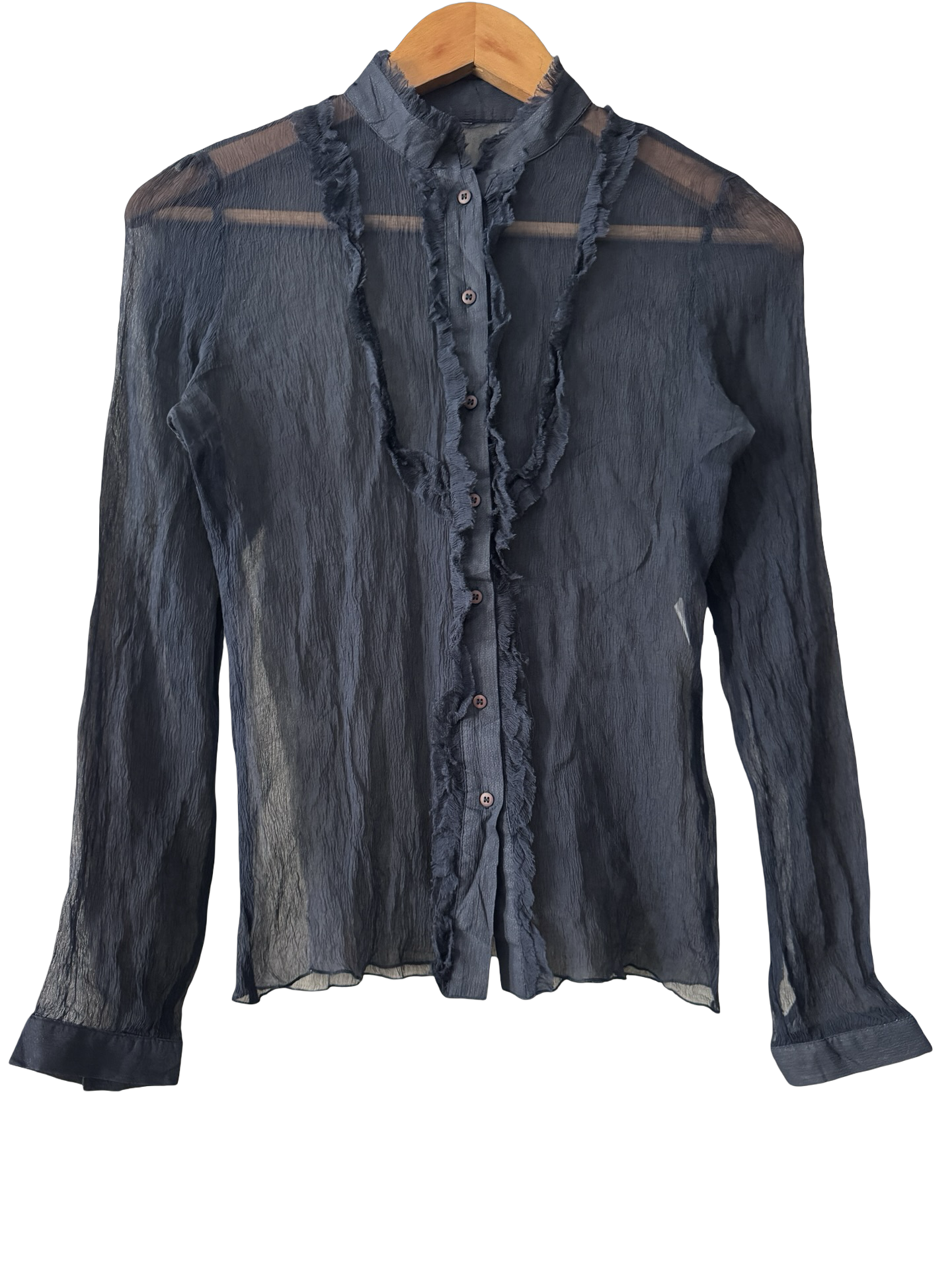 Vintage 90s French Midnight Silk Ruffle Blouse (S)