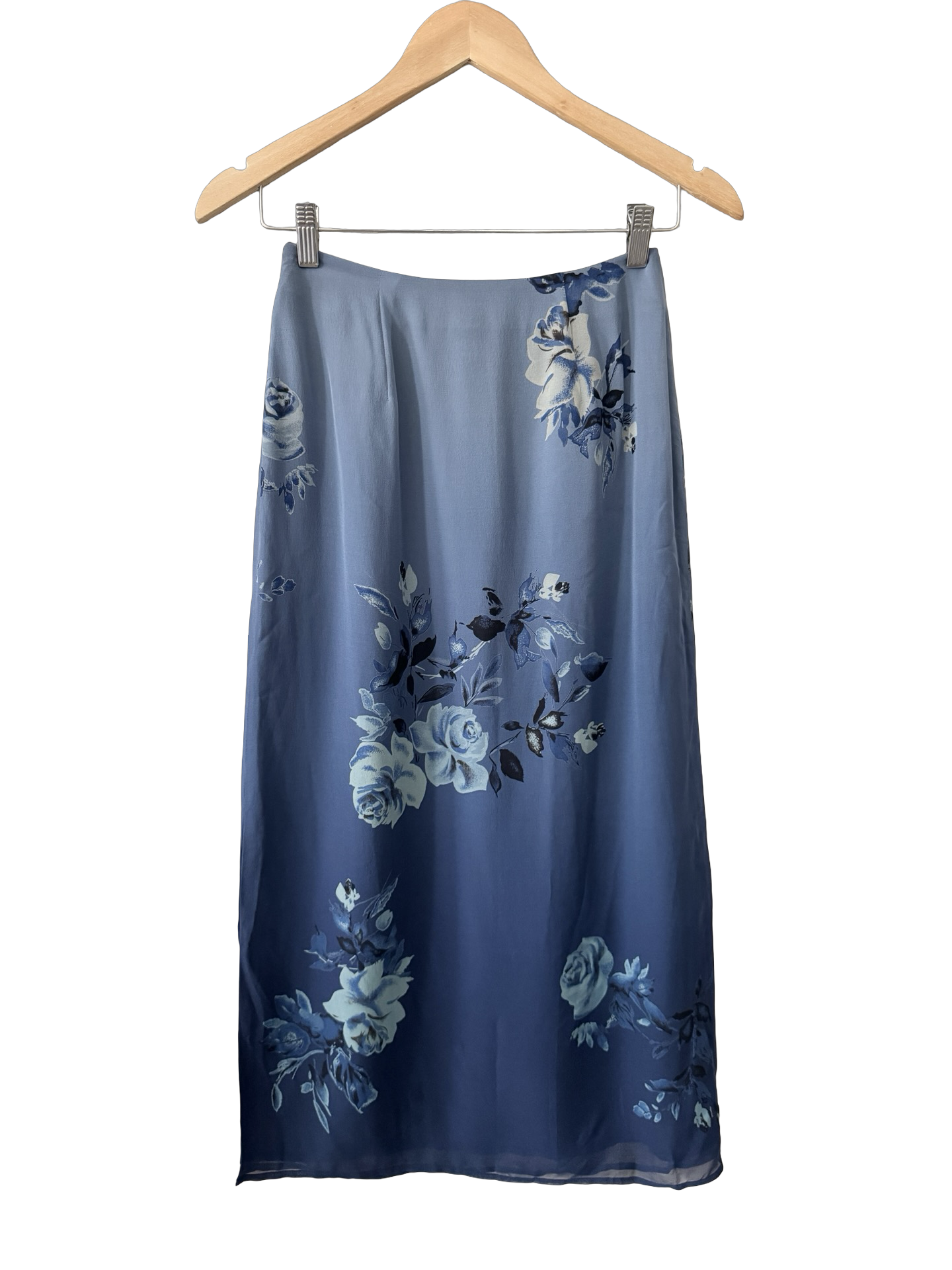 Vintage 90s Blue Silk Rose Slip Midi Skirt (S)