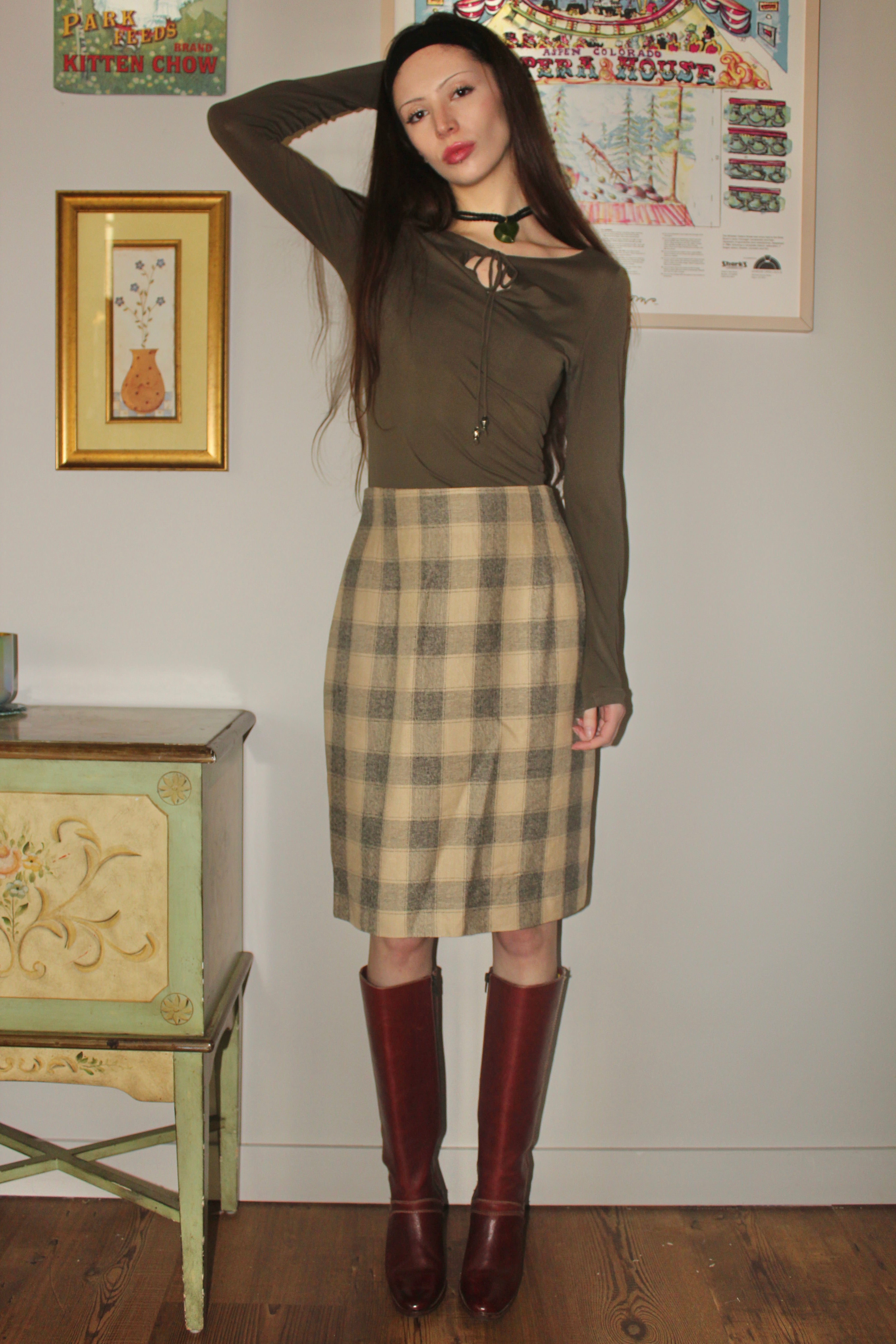 Vintage 80s Retro Plaid Midi Skirt (S/M)