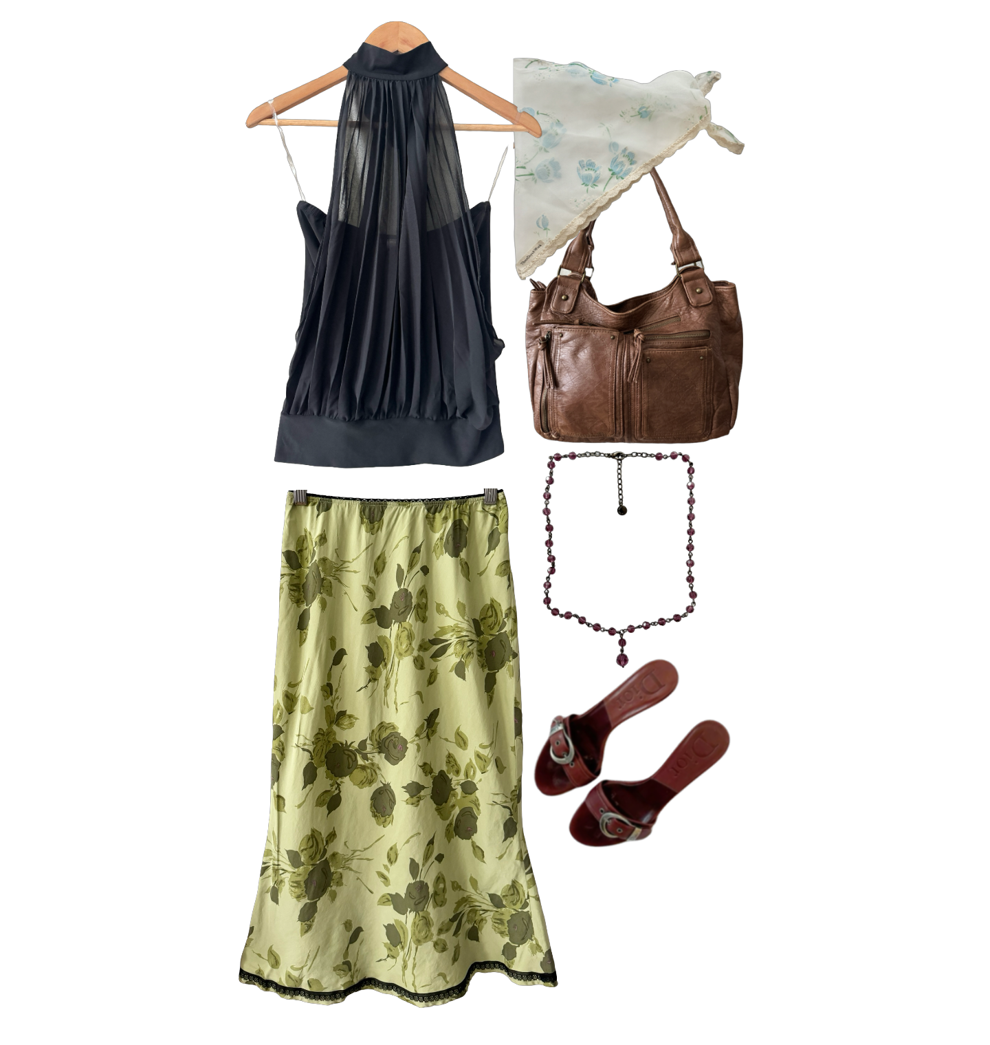 Vintage 90s Sage Floral Silk Midi Skirt (XS)