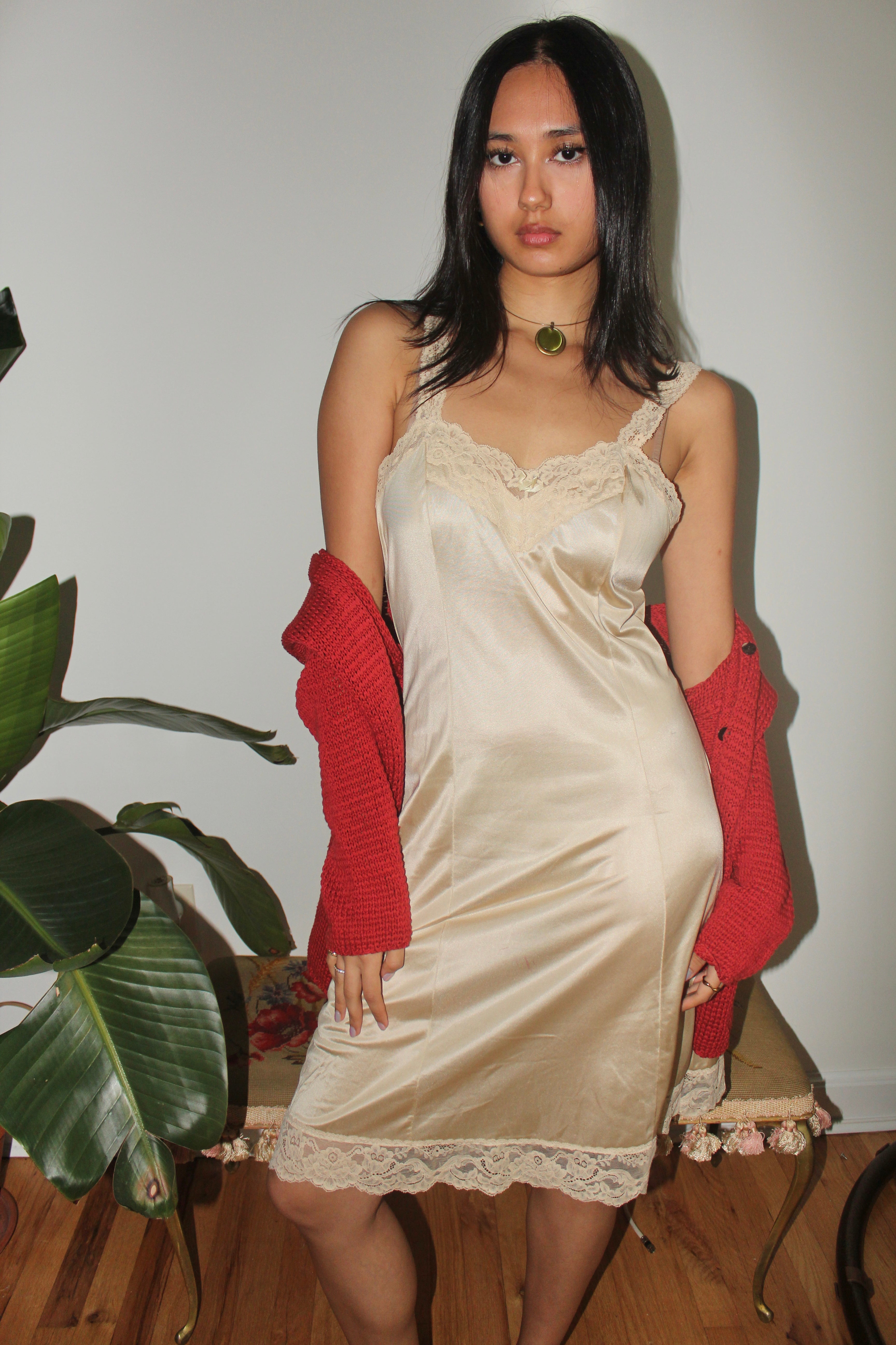 Vintage 90s Champagne Lace Slip Dress (S)