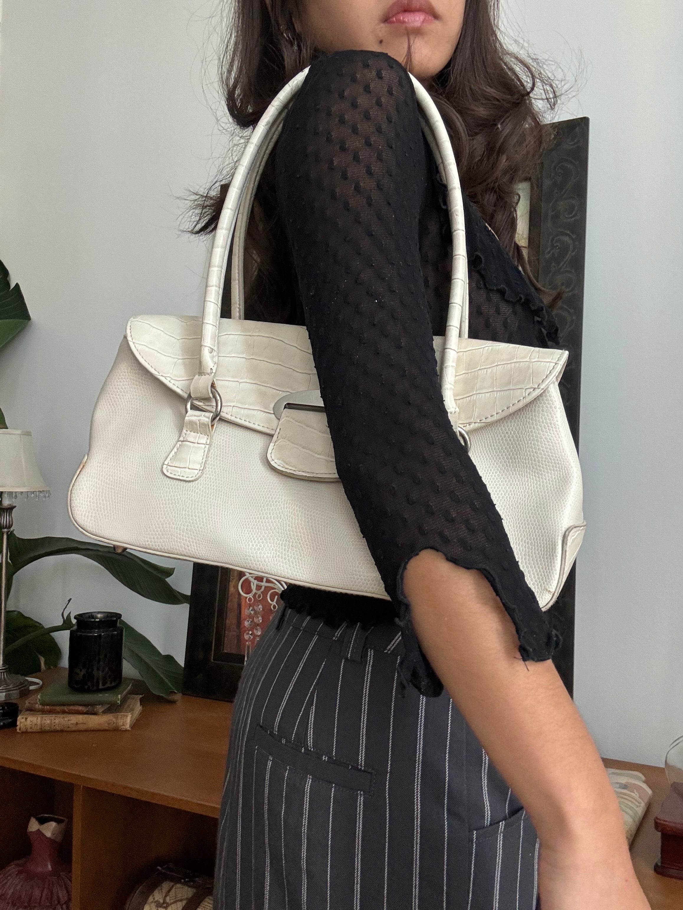 Vintage Y2K Cream Croc-Embossed Satchel