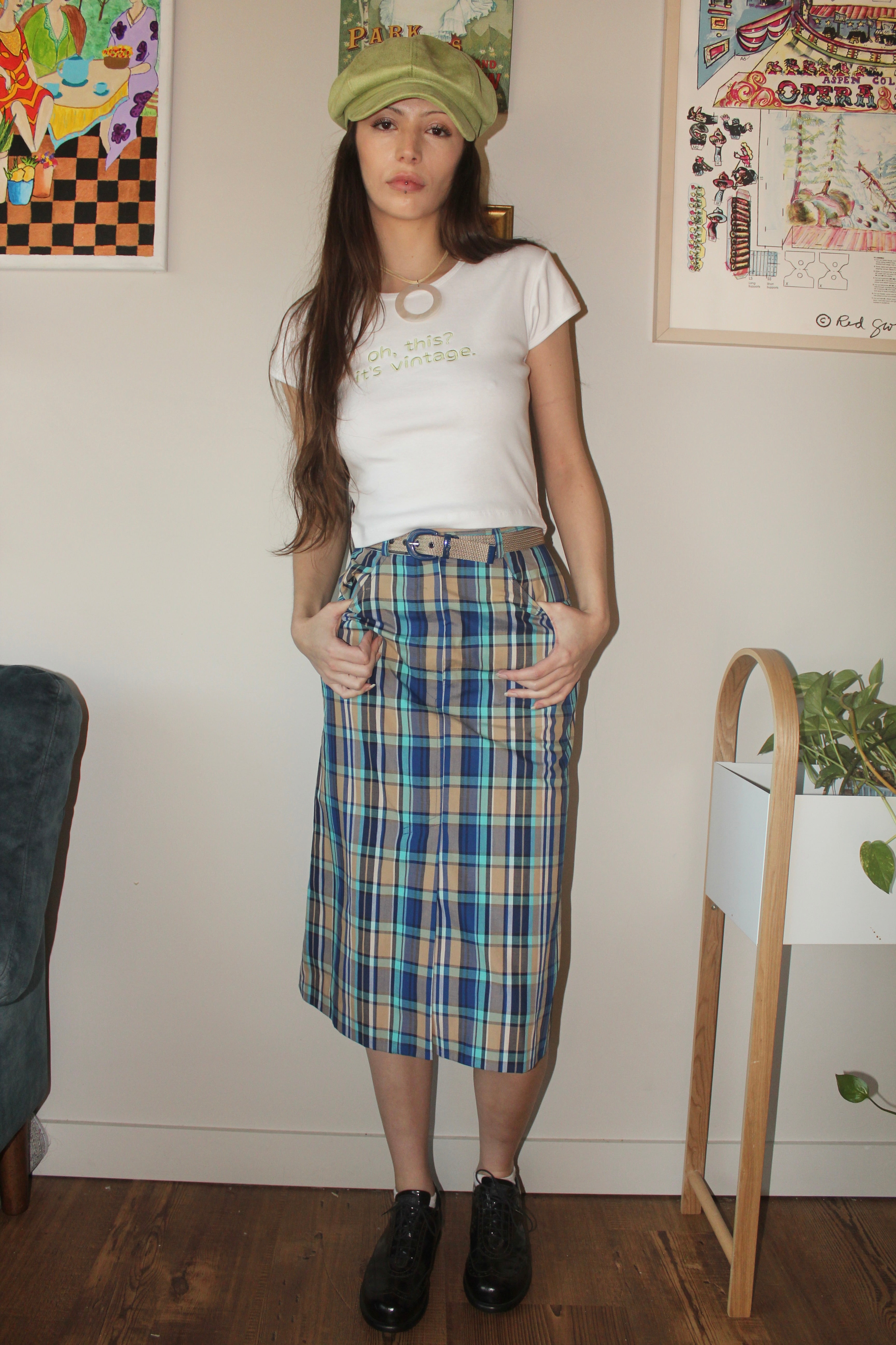 Vintage 70s Belted Plaid Highwaisted Midi Skirt (XS/S)