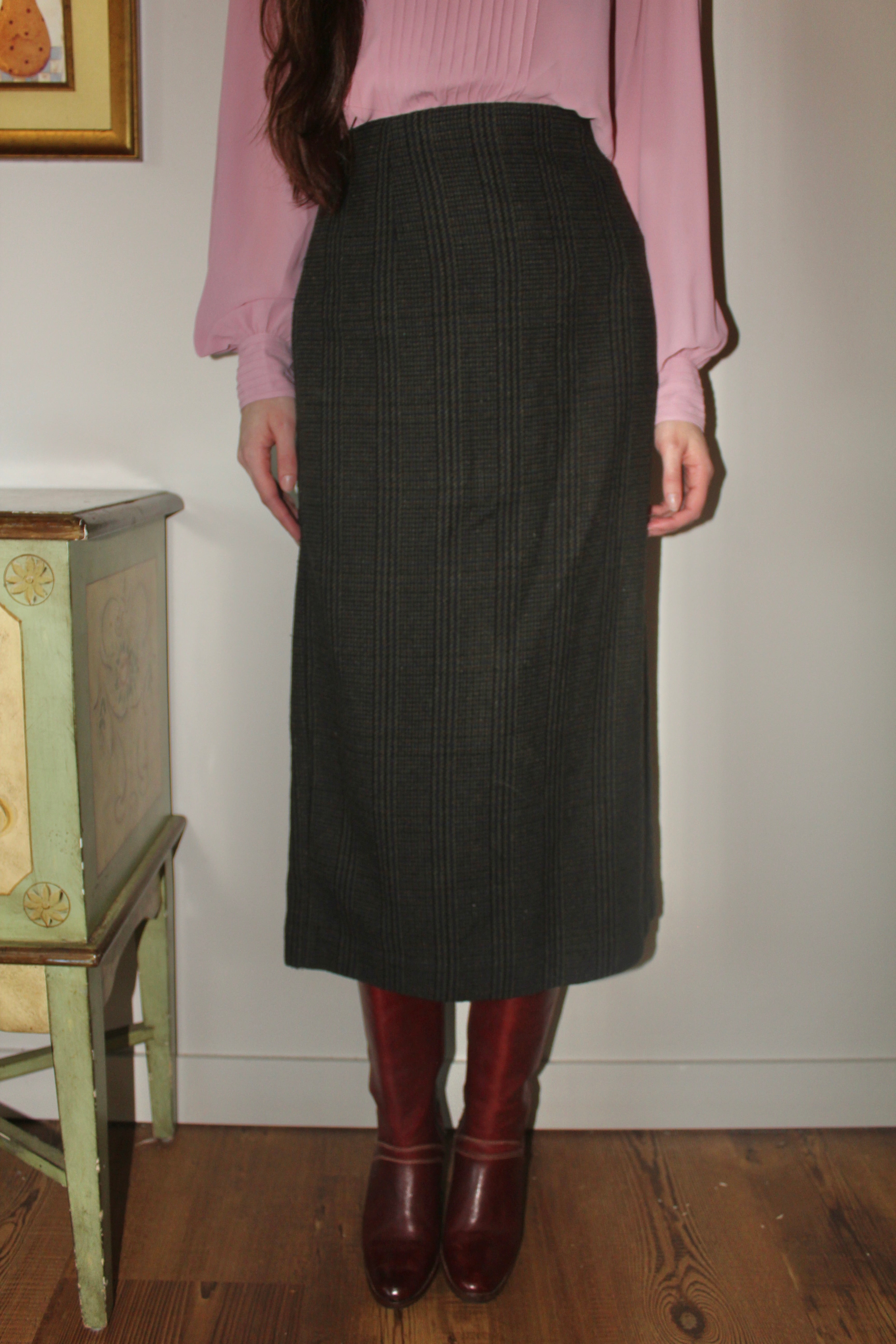 Vintage 80s Highwaisted Plaid Midi Skirt (S)