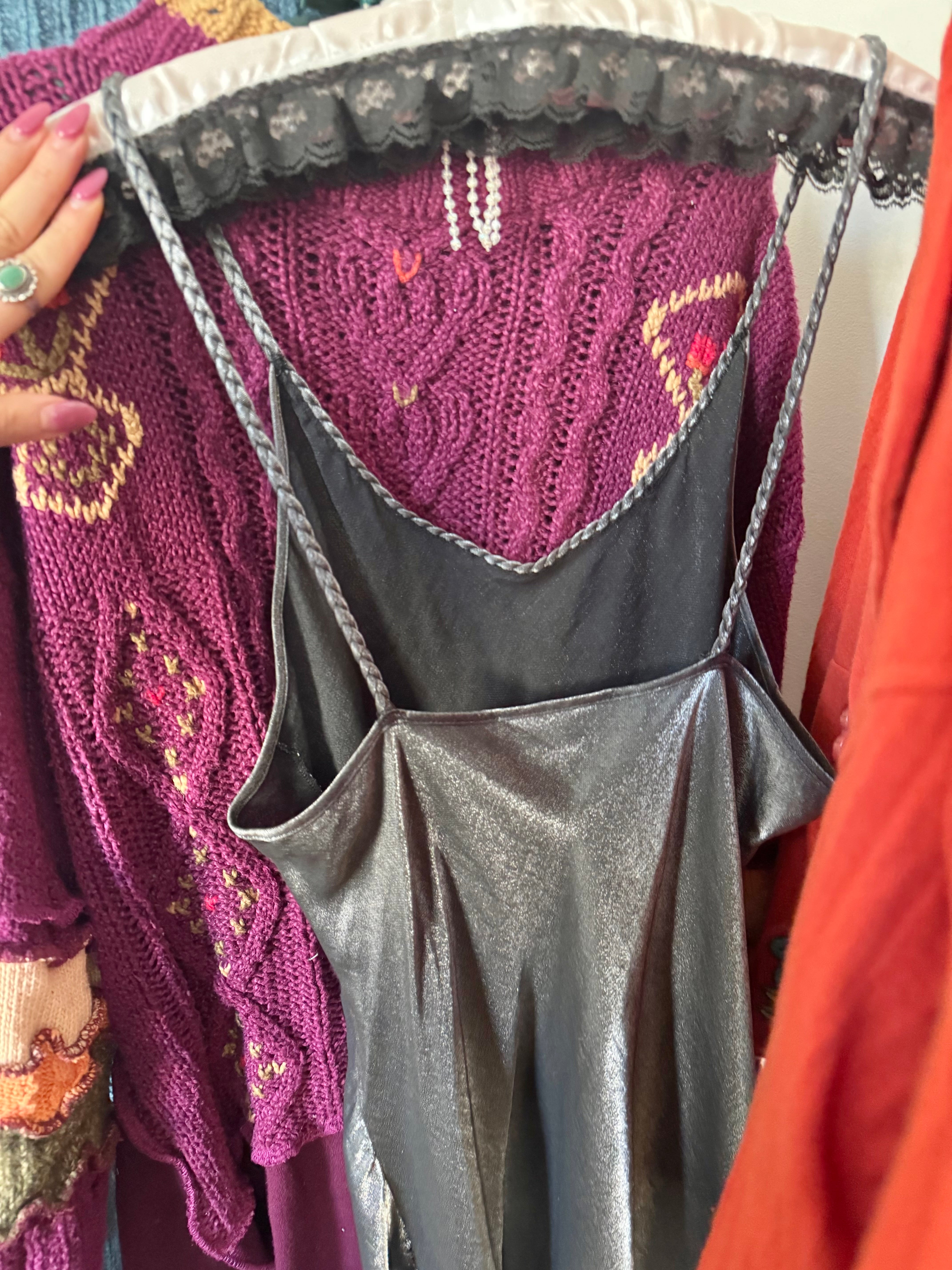 Vintage Silver Liquid Slip Dress w Braided Straps (M)