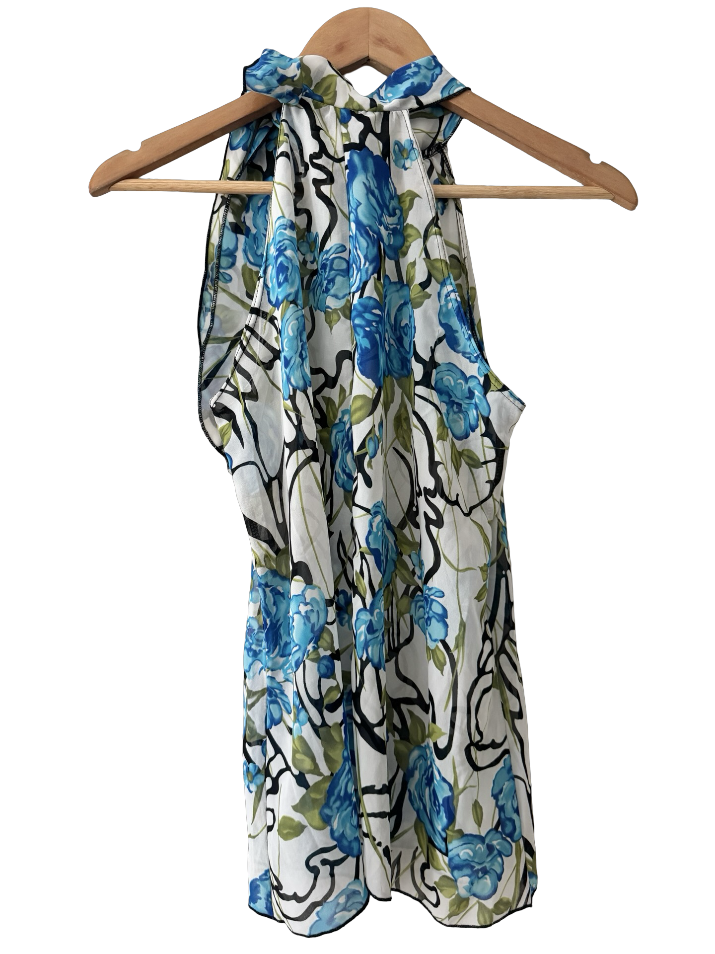 Vintage 90s Blue Floral Tie Neck Blouse (M)