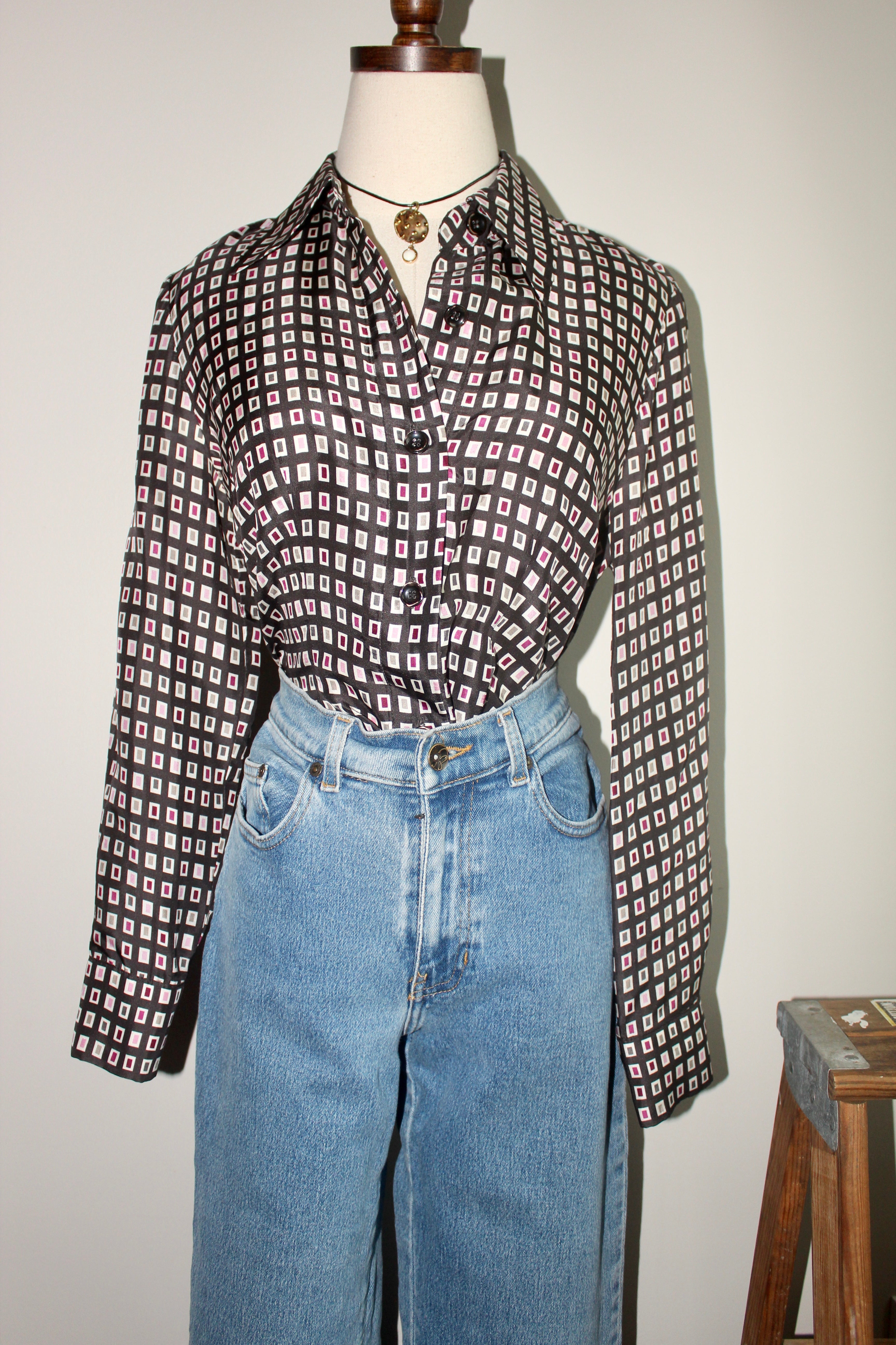 Vintage 90s Groovy Tile Patterned Silk Button Up (S-M)
