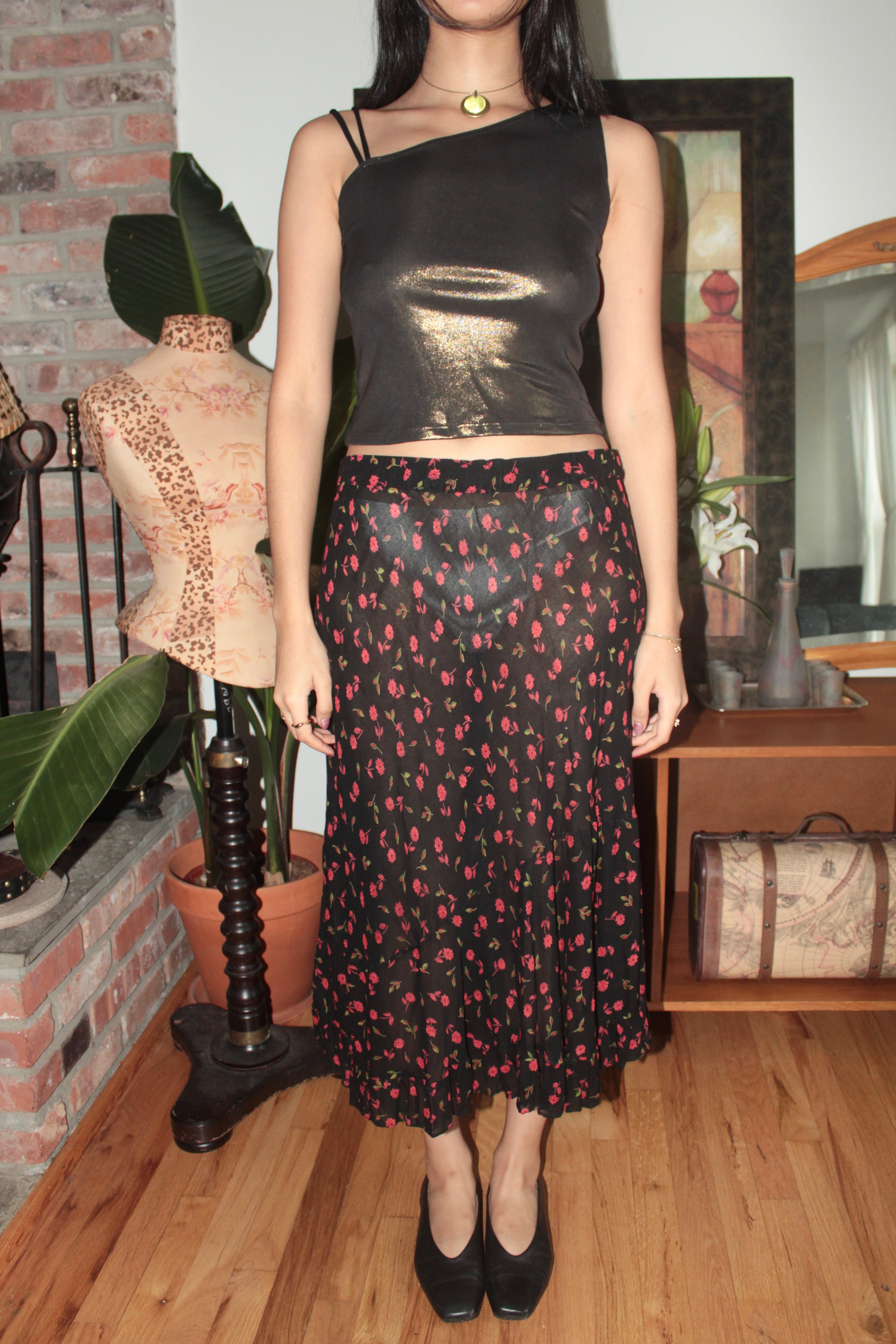 Vintage 90s Sheer Black Rose Midi Skirt (M)