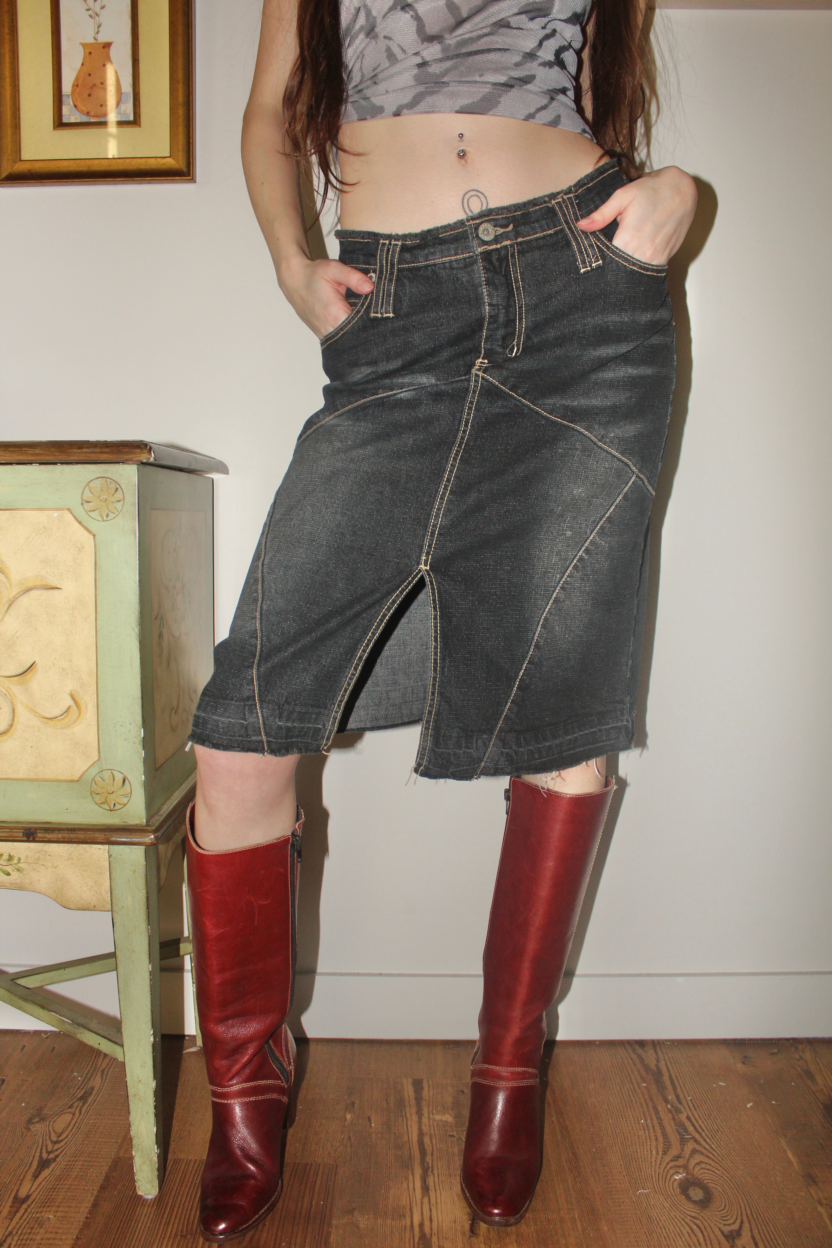 Vintage Y2K Exposed Seam Denim Midi Skirt (S)