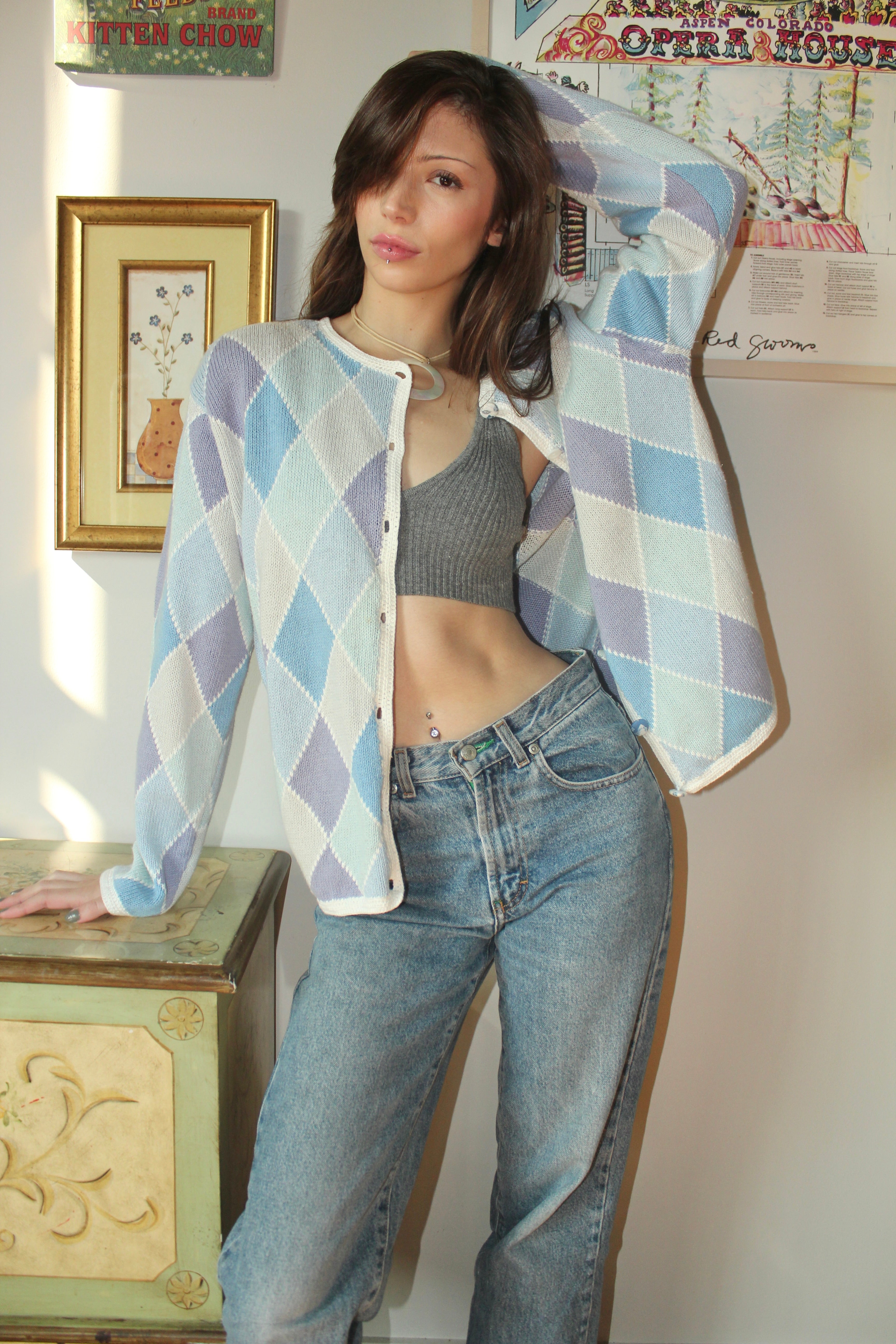 Vintage 90s Retro Checkered Cardigan (M)