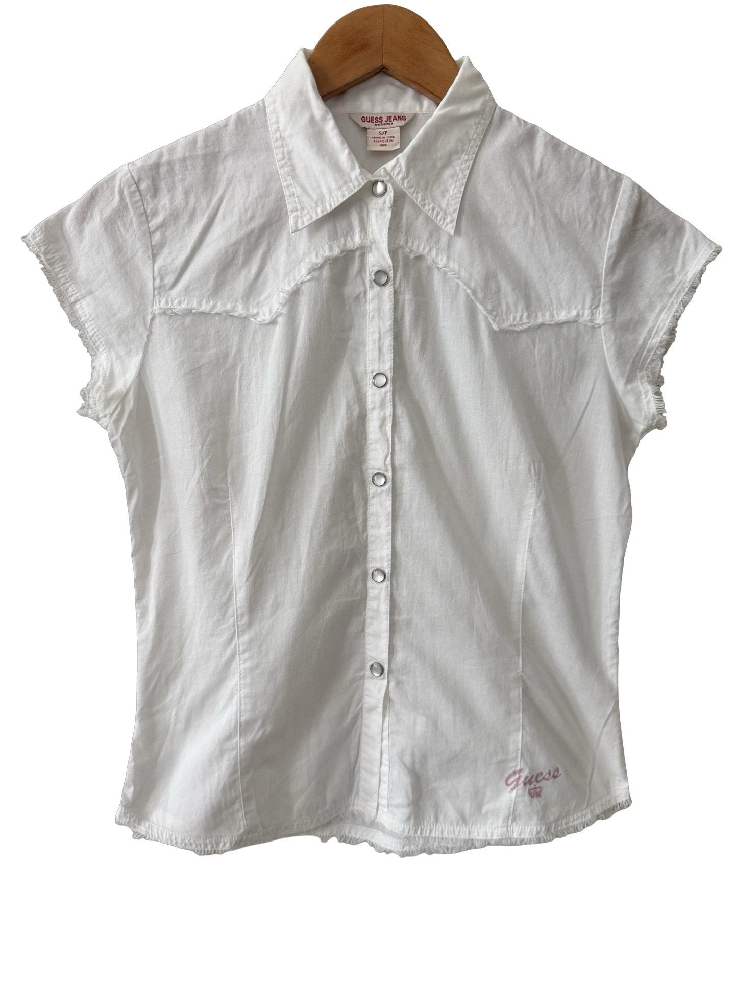 Vintage Y2K Guess Raw Hem Snap Button Shirt (S/M)