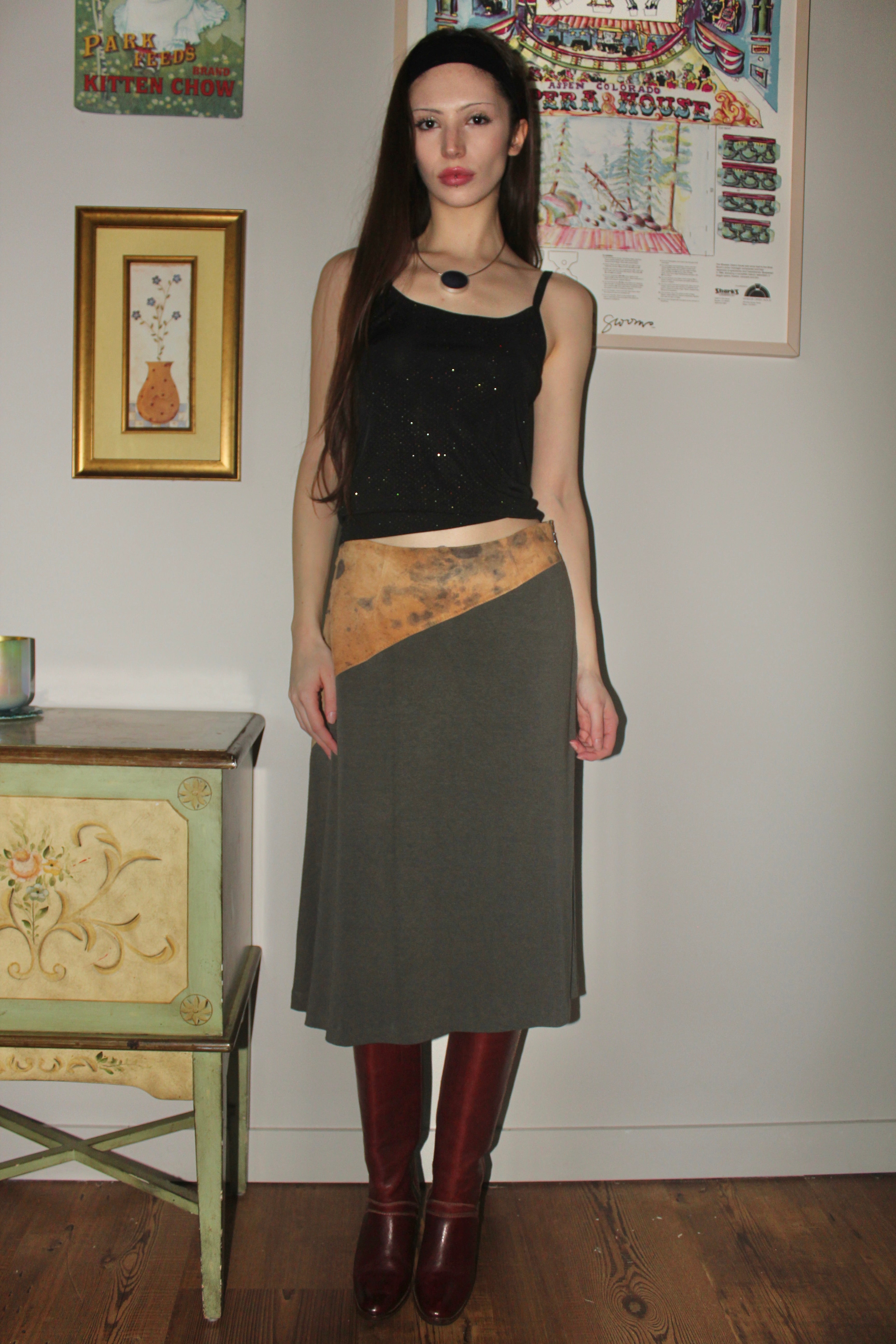 Vintage 90s Leather Asymmetrical Midi Skirt (S/M)