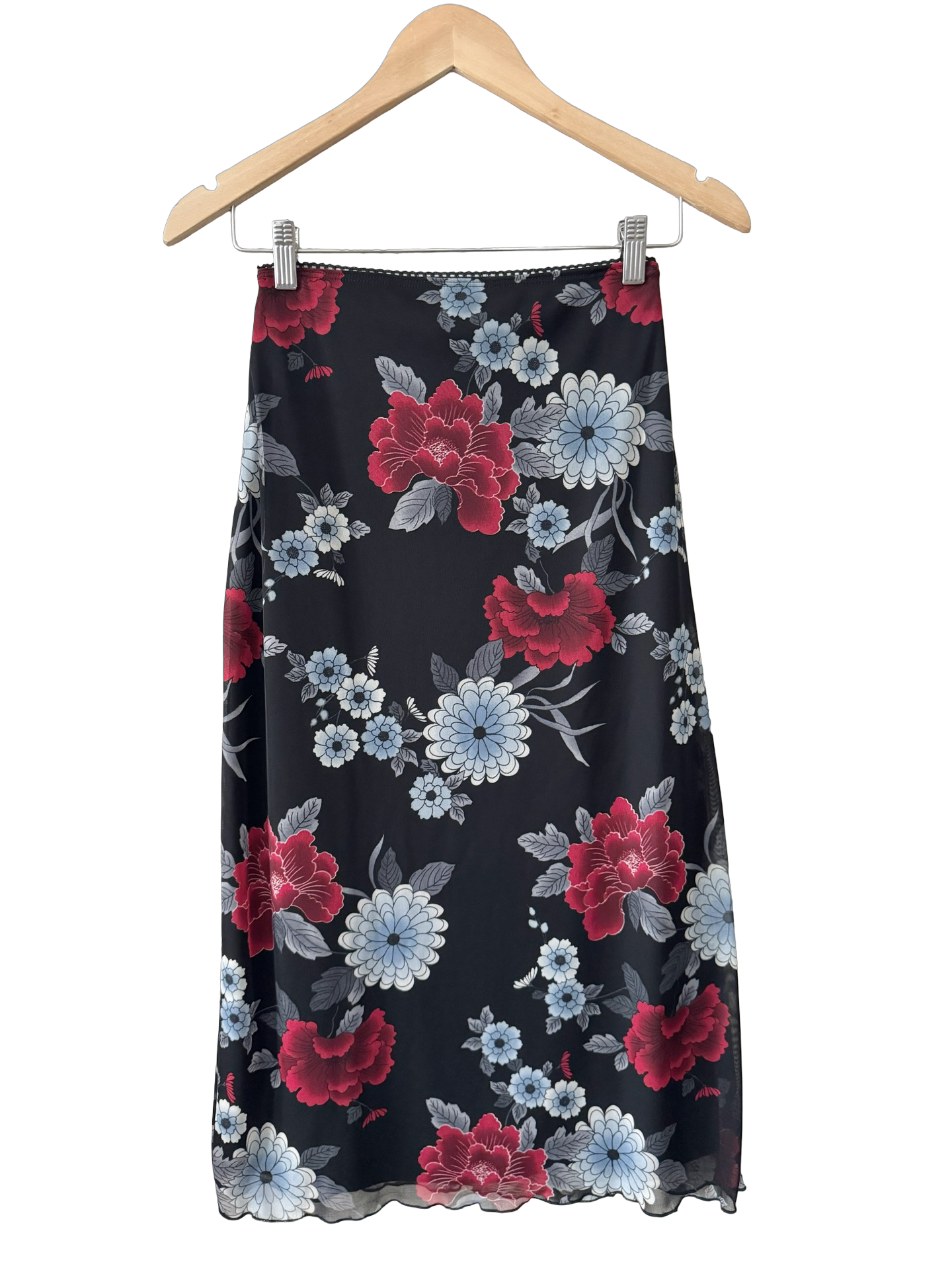 Vintage Y2K Midnight Bloom Mesh Midi Skirt (XS)