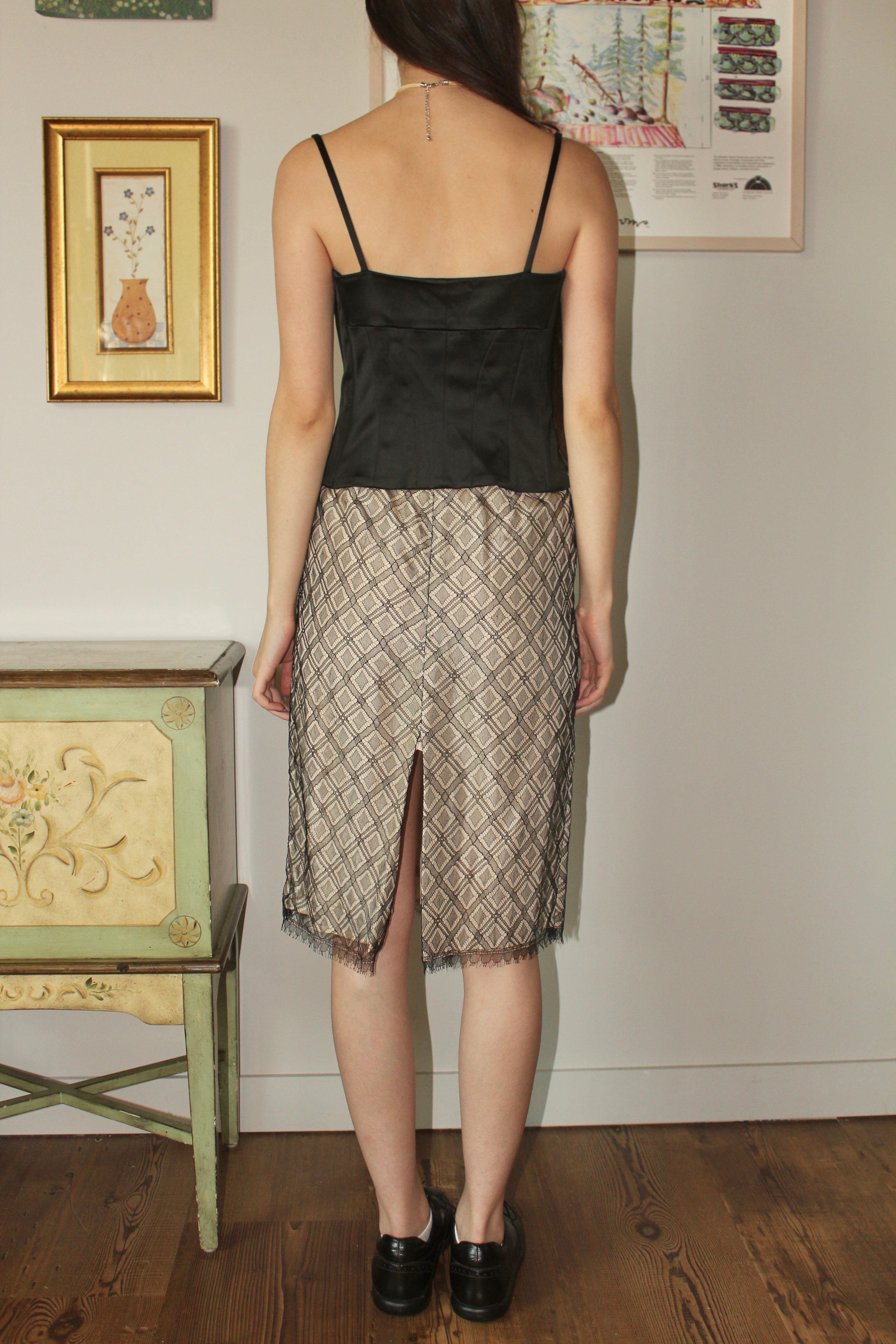 Vintage 90s Mesh Lace Overlay Midi Silk Skirt (S)