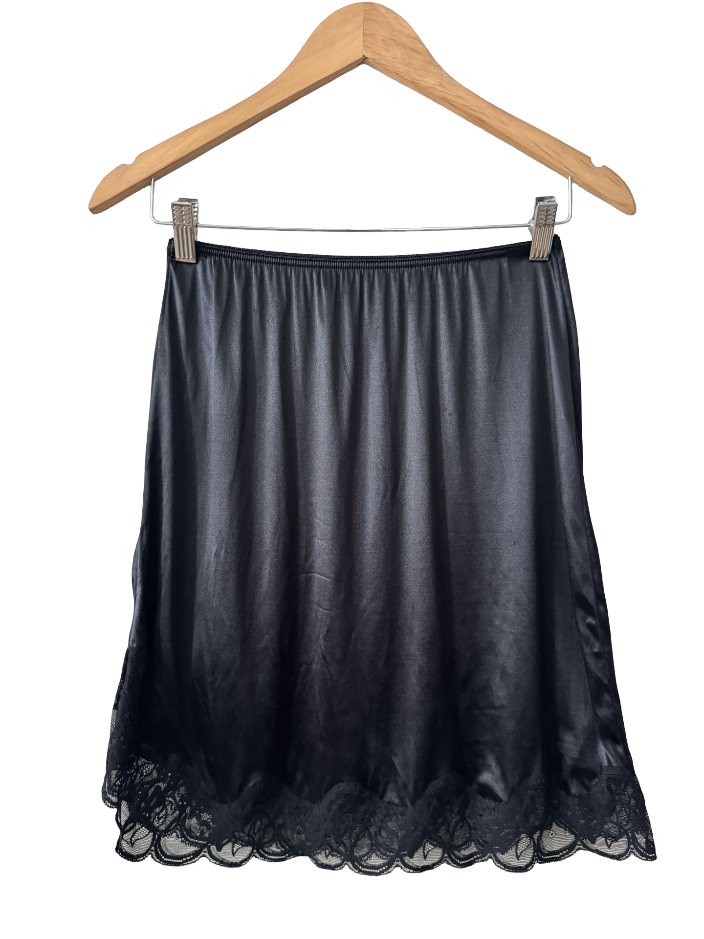Vintage Black Lace Trim Satin Slip Skirt (S/M)