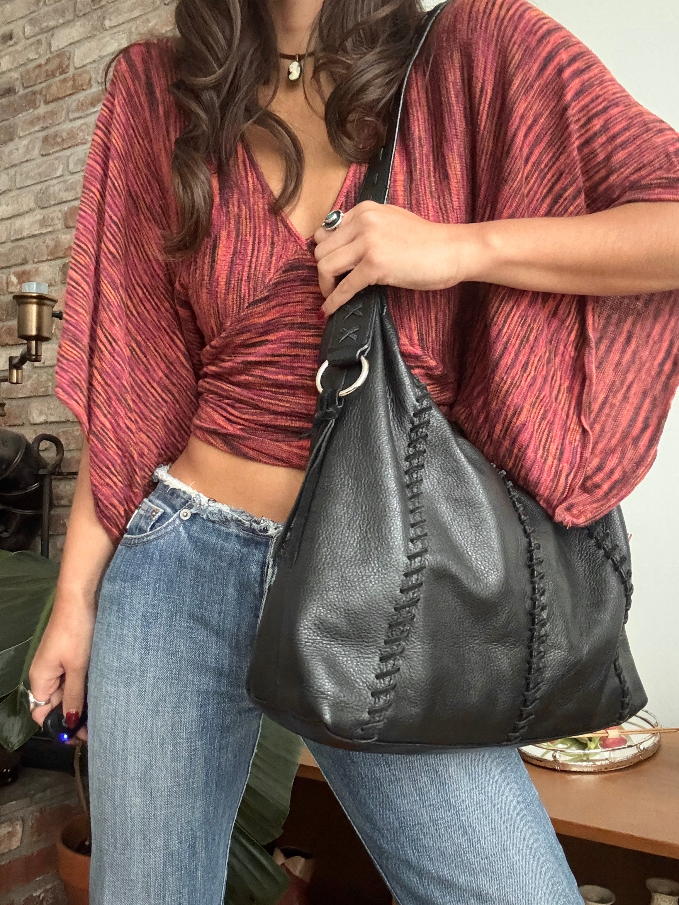 Vintage Y2K Black Whipstitch Slouch Bag