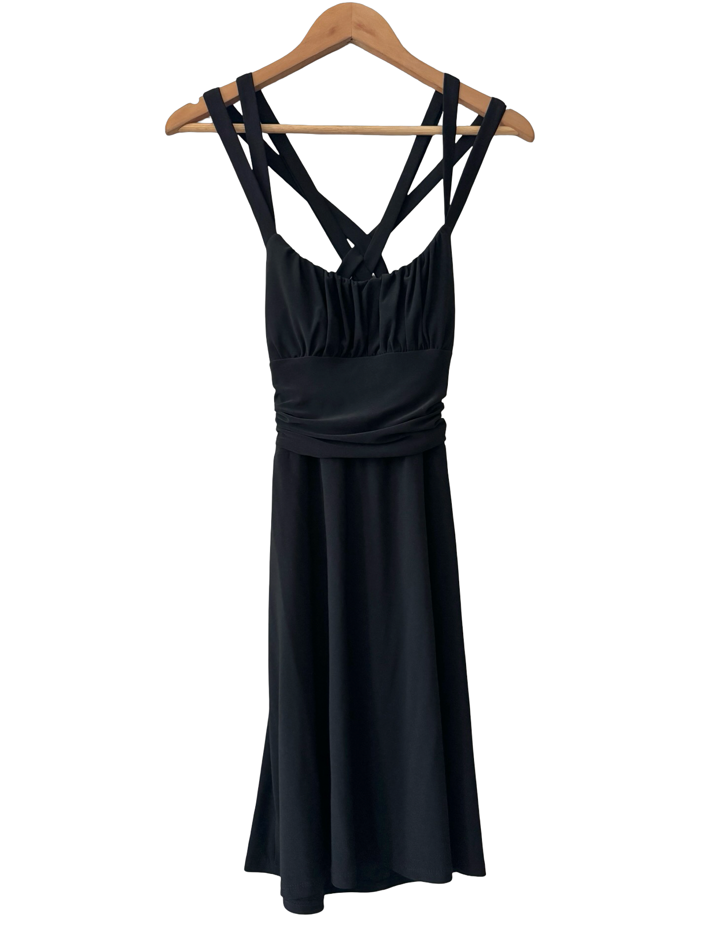 Vintage 90s Black Strappy Ruched Midi Dress (S)