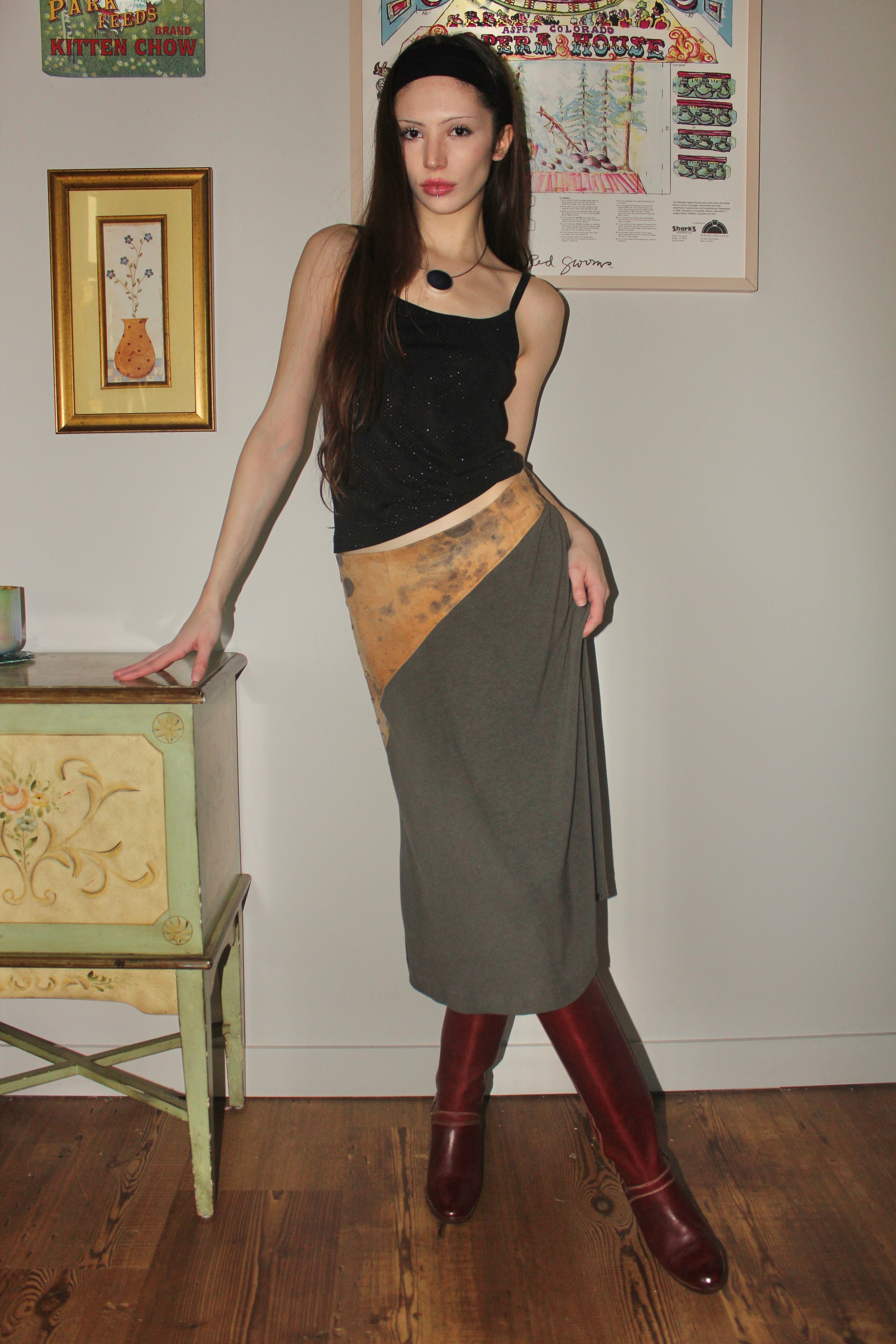 Vintage 90s Leather Asymmetrical Midi Skirt (S/M)