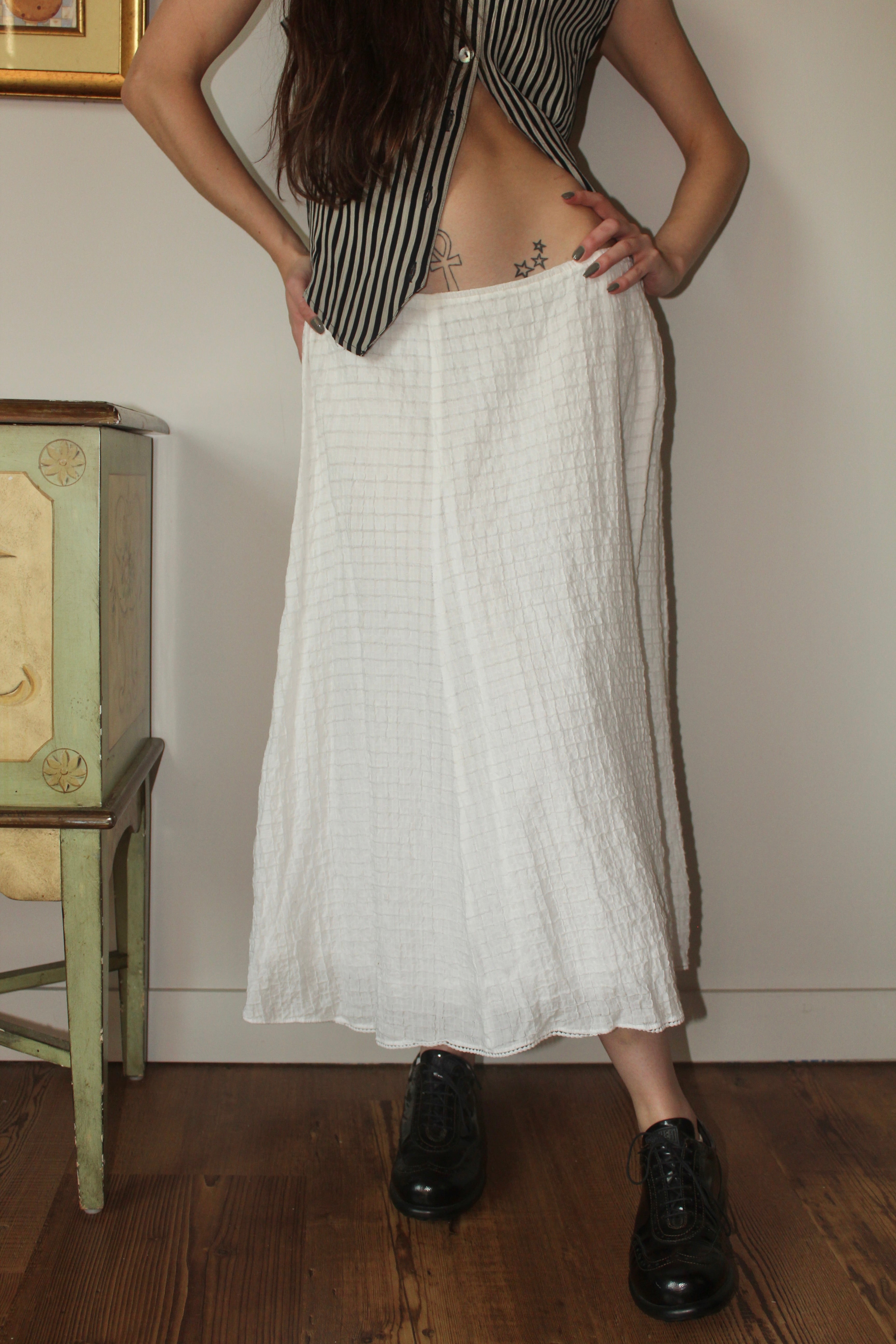 Vintage 90s Ivory Textured Midi Skirt (M)