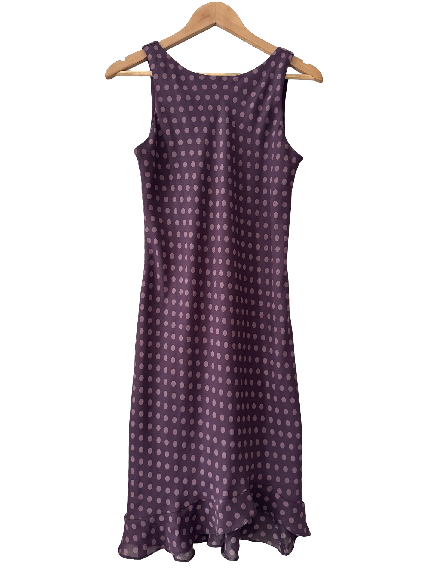 Vintage Y2K Plum Polka Dot Ruffle Midi Dress (M)