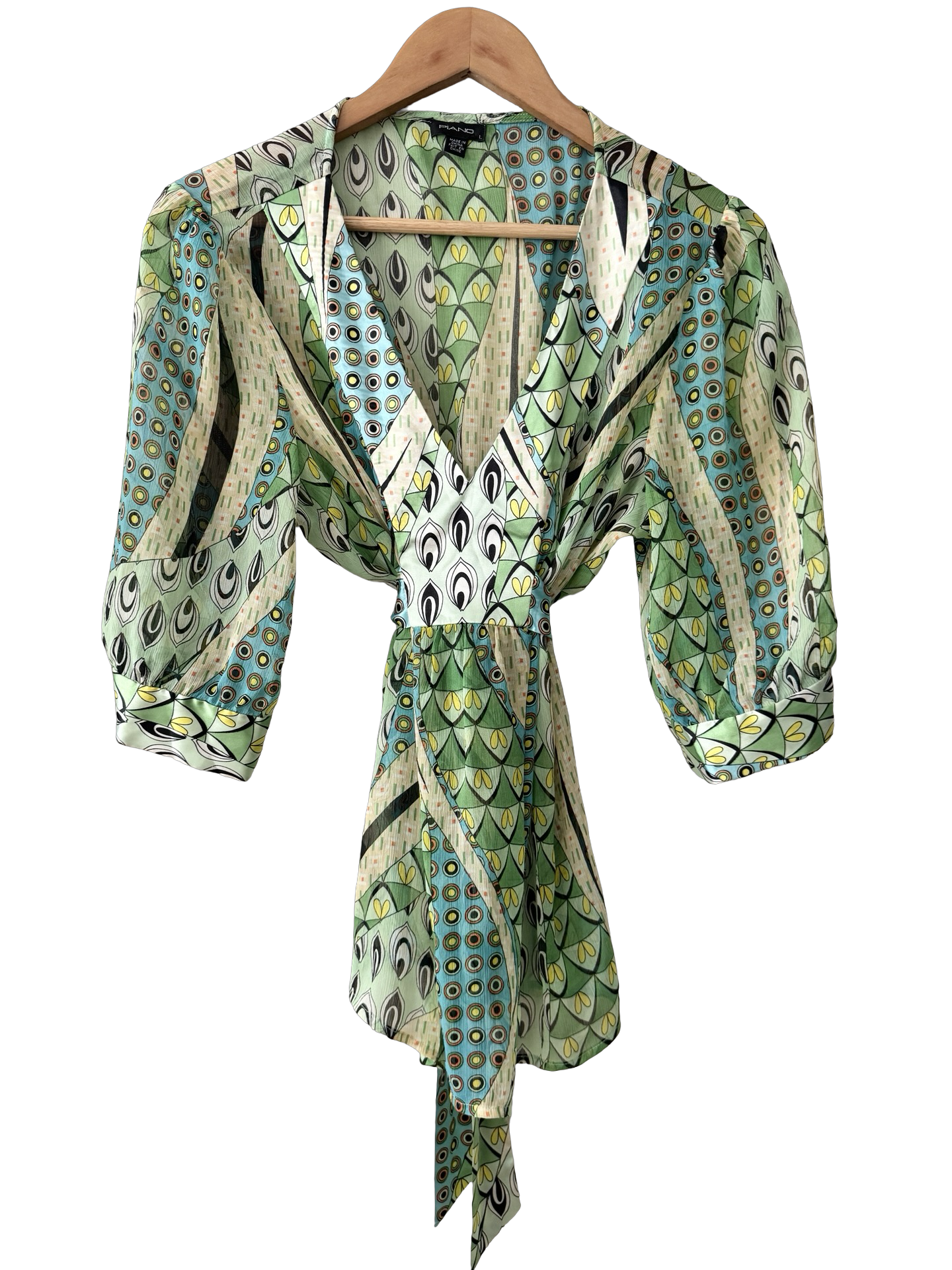 Vintage Y2K Piano Mod Mosaic Tie Blouse (L)