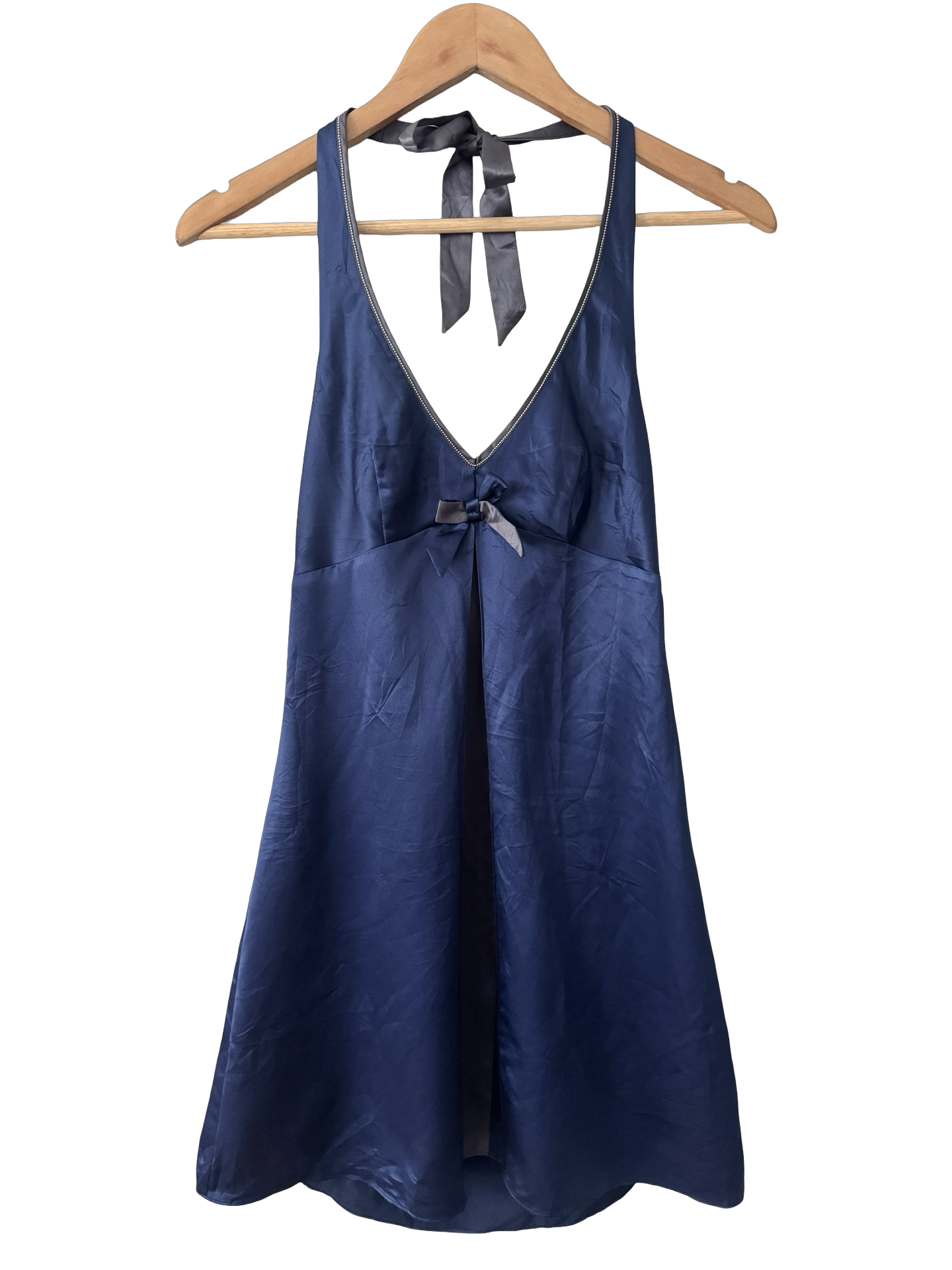 Vintage Y2K Midnight Bow Satin Halter Mini Dress (S/M)