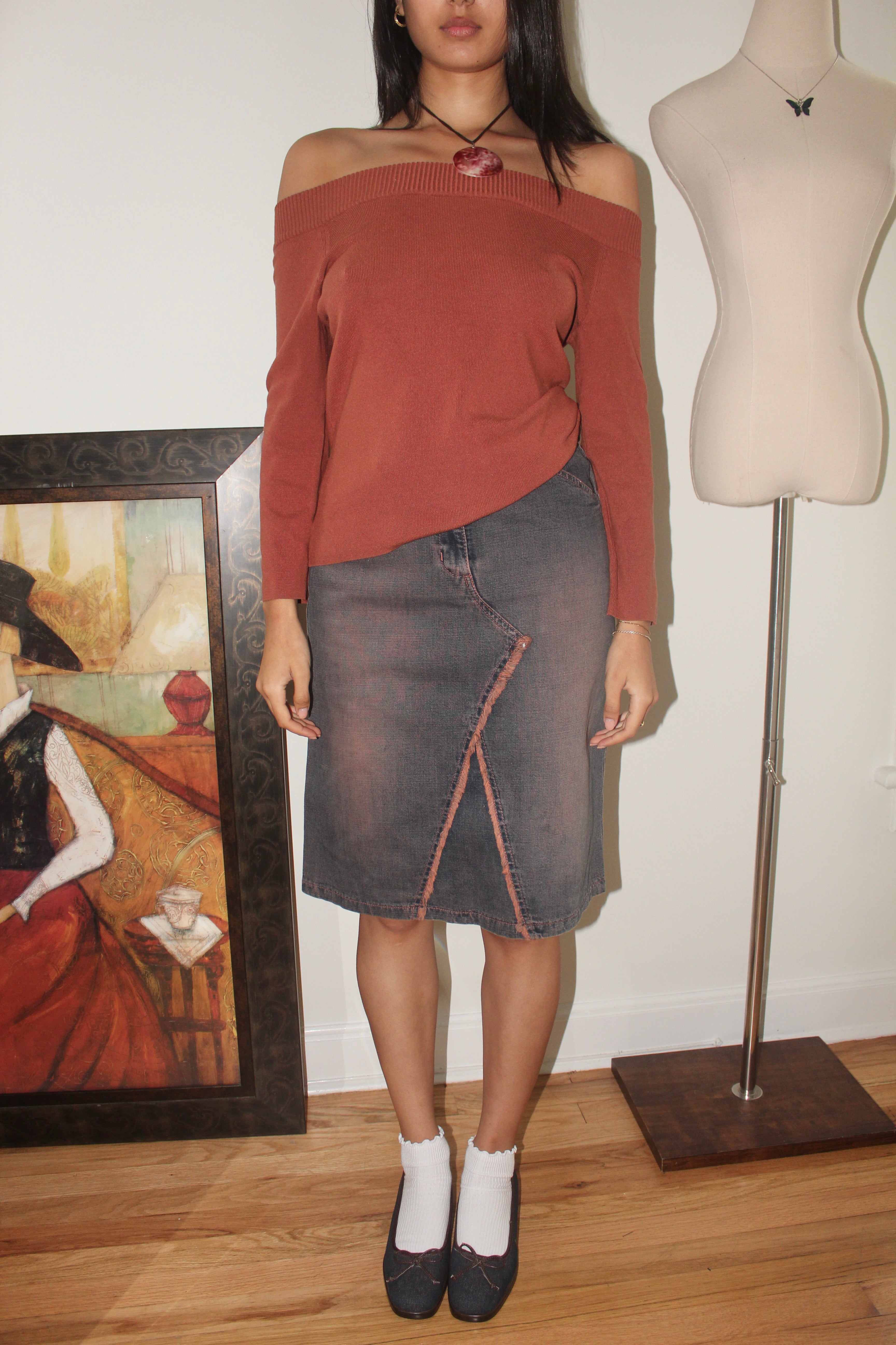 Vintage 90s Exposed Seam Denim Midi Skirt (S/M)
