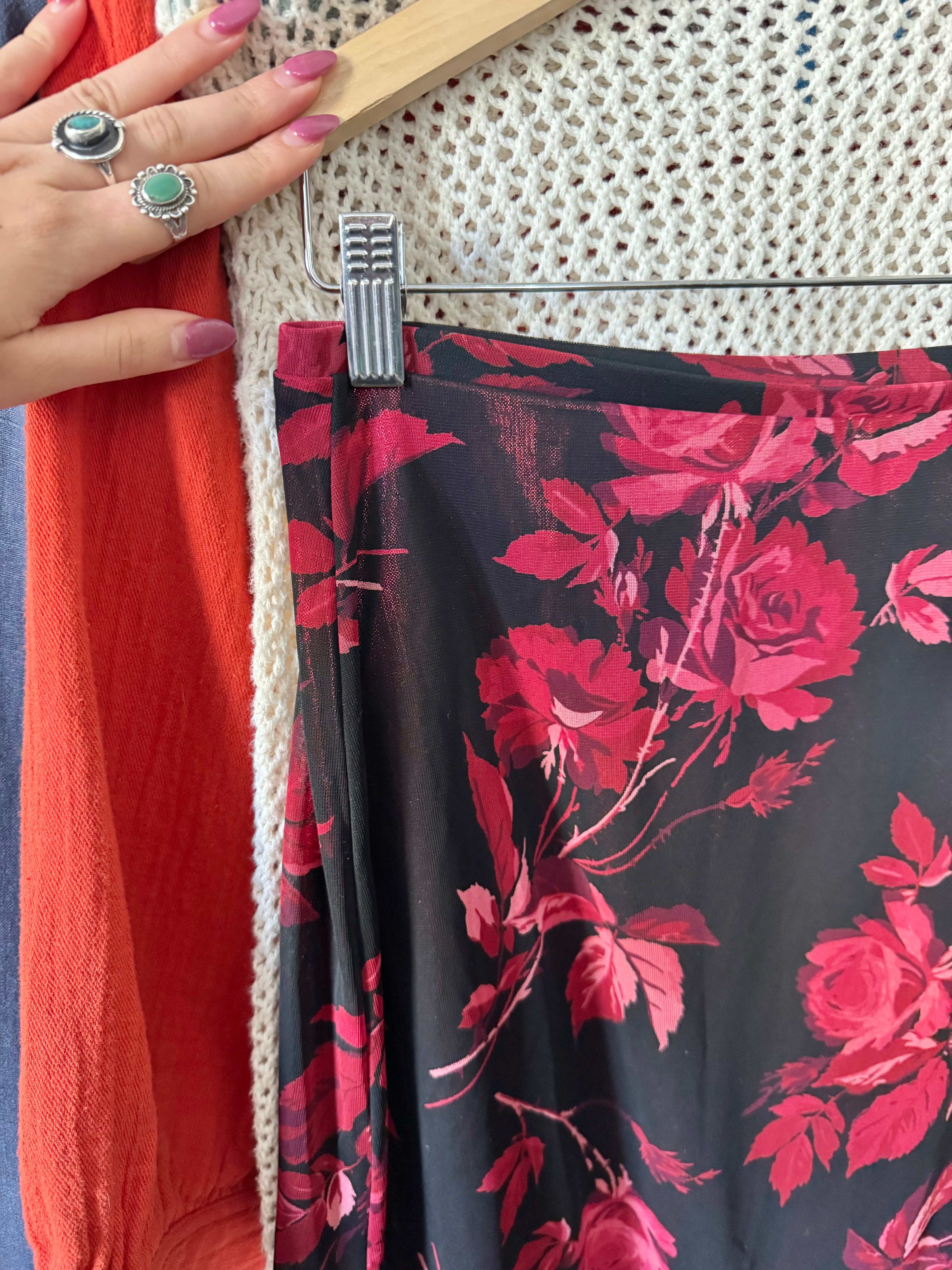 Vintage 90s Rose Print Midi Skirt (S)