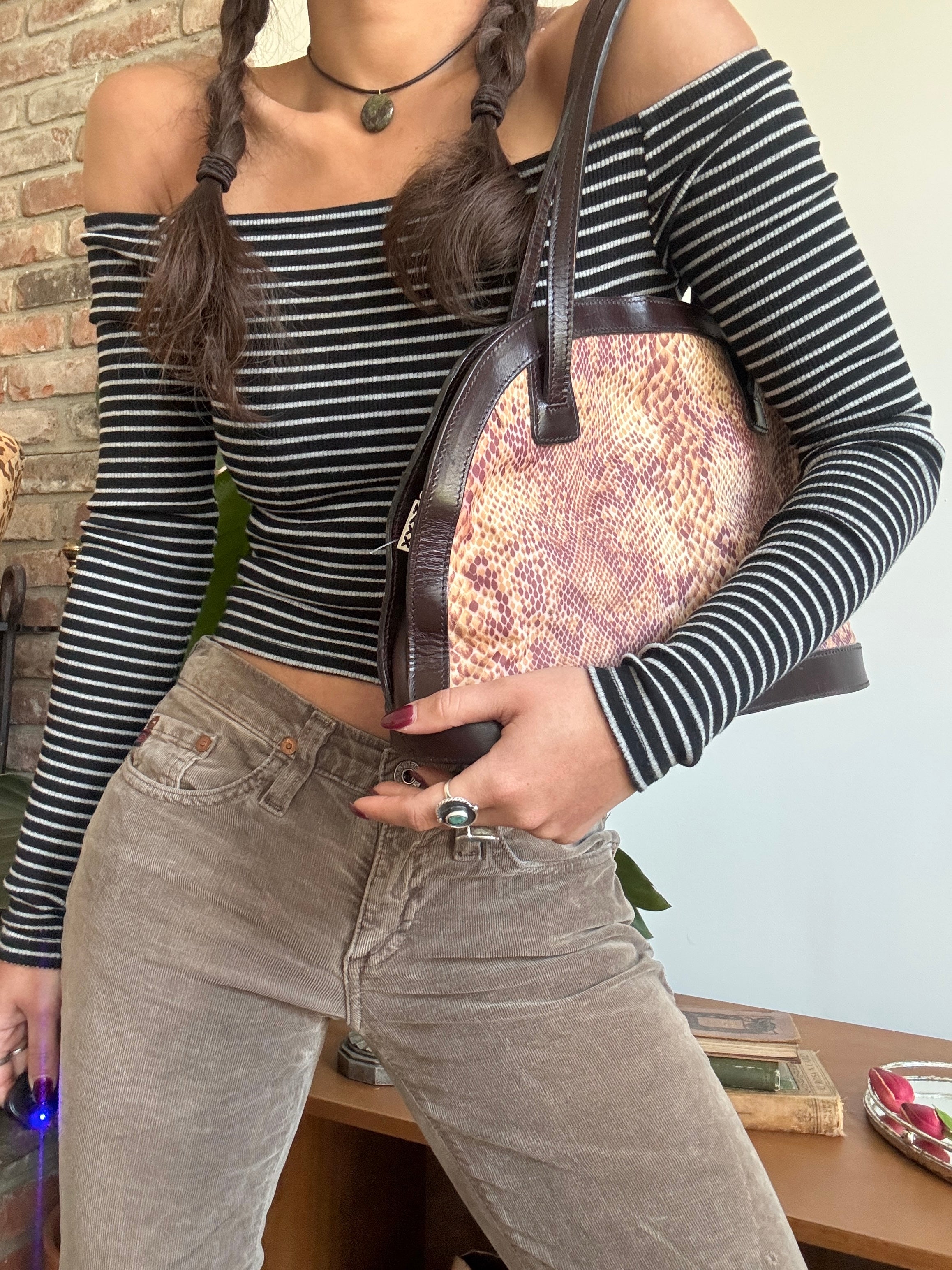 Vintage Python Print Structured Shoulder Bag