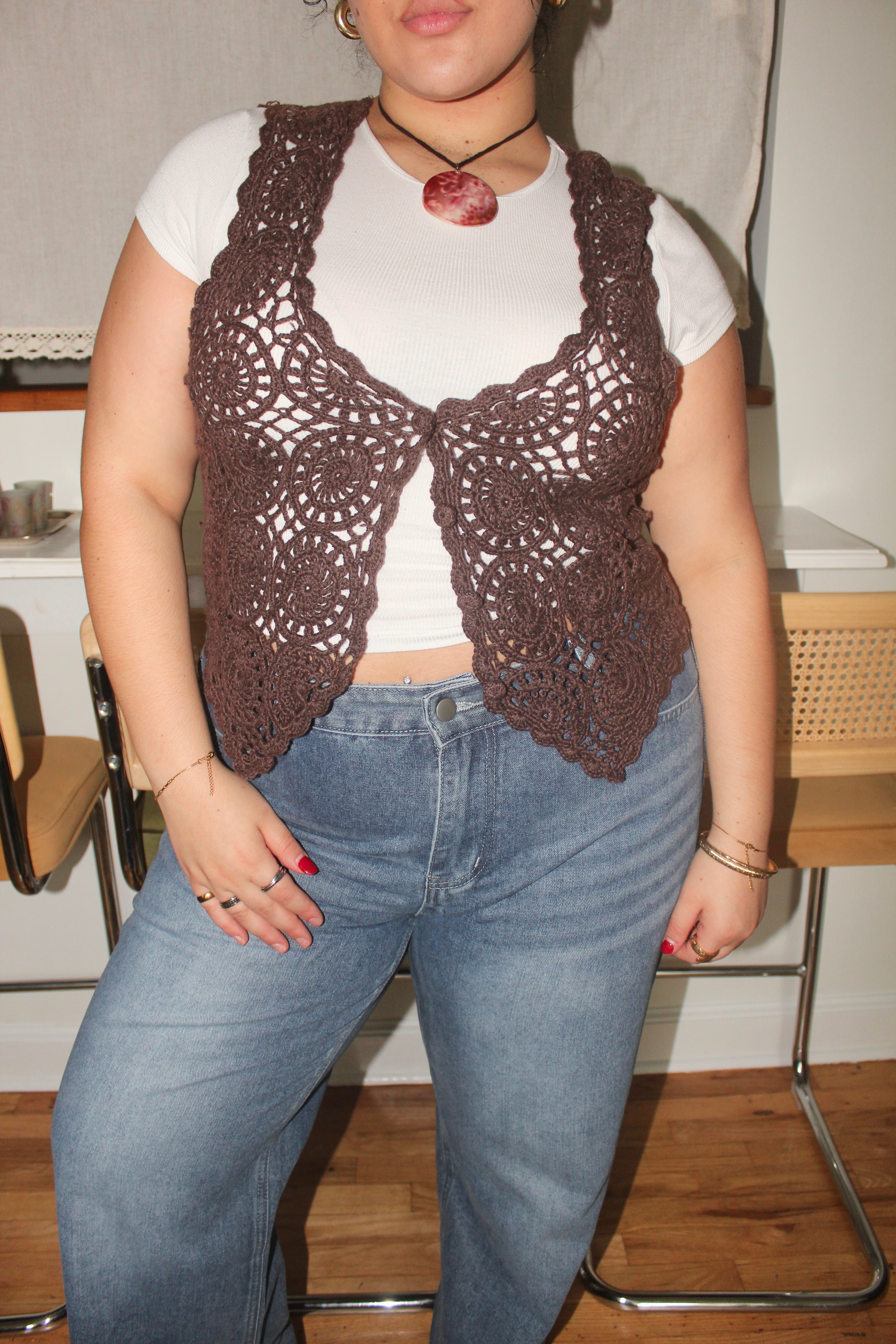 Vintage 90s Chocolate Crochet Vest (L)