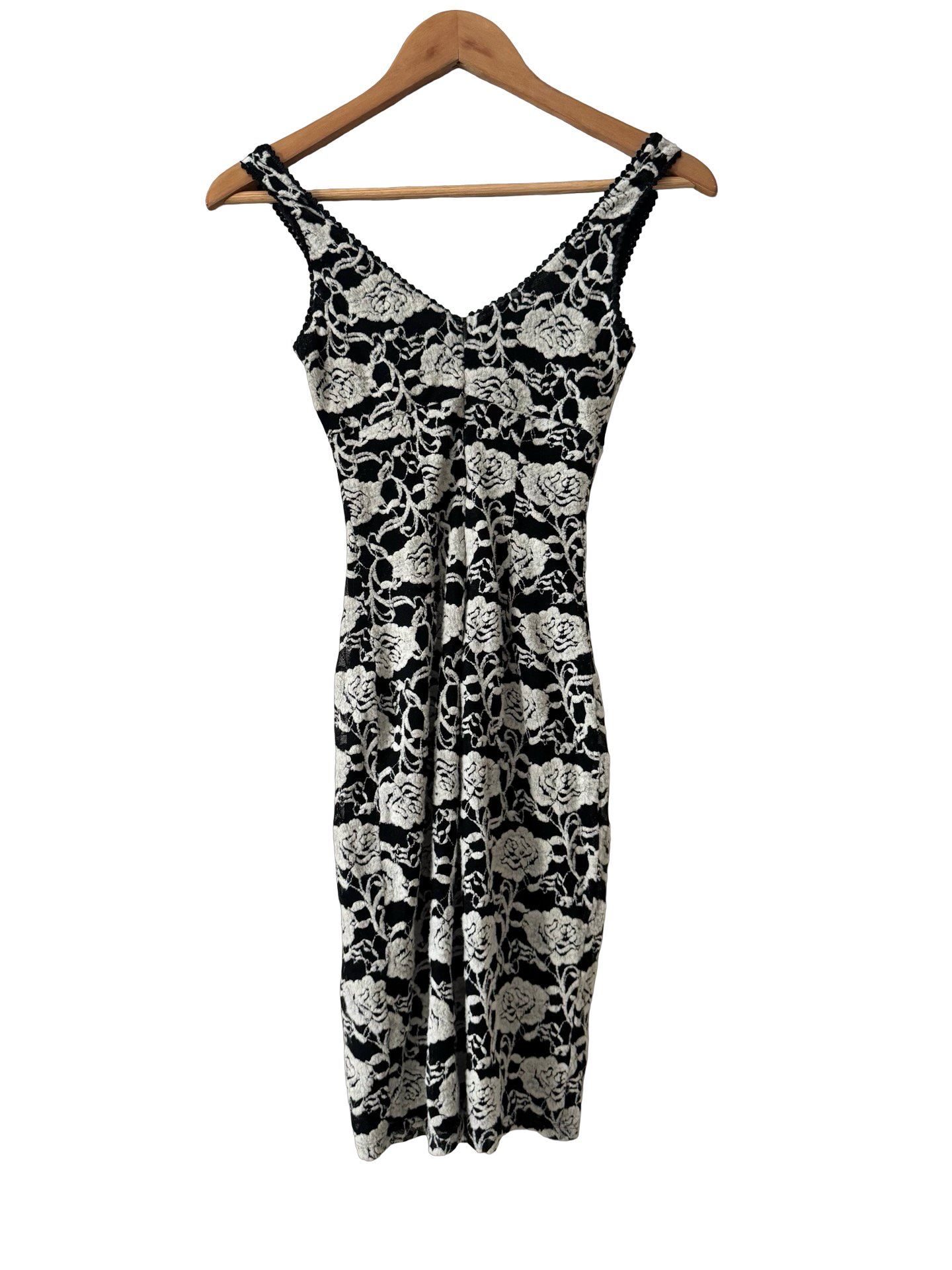 Vintage 90s Monochrome Floral Midi Dress (XS)