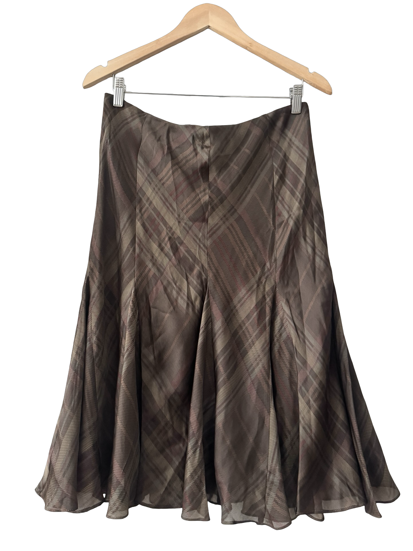 Vintage 90s Mocha Plaid Silk Godet Midi Skirt (S/M)