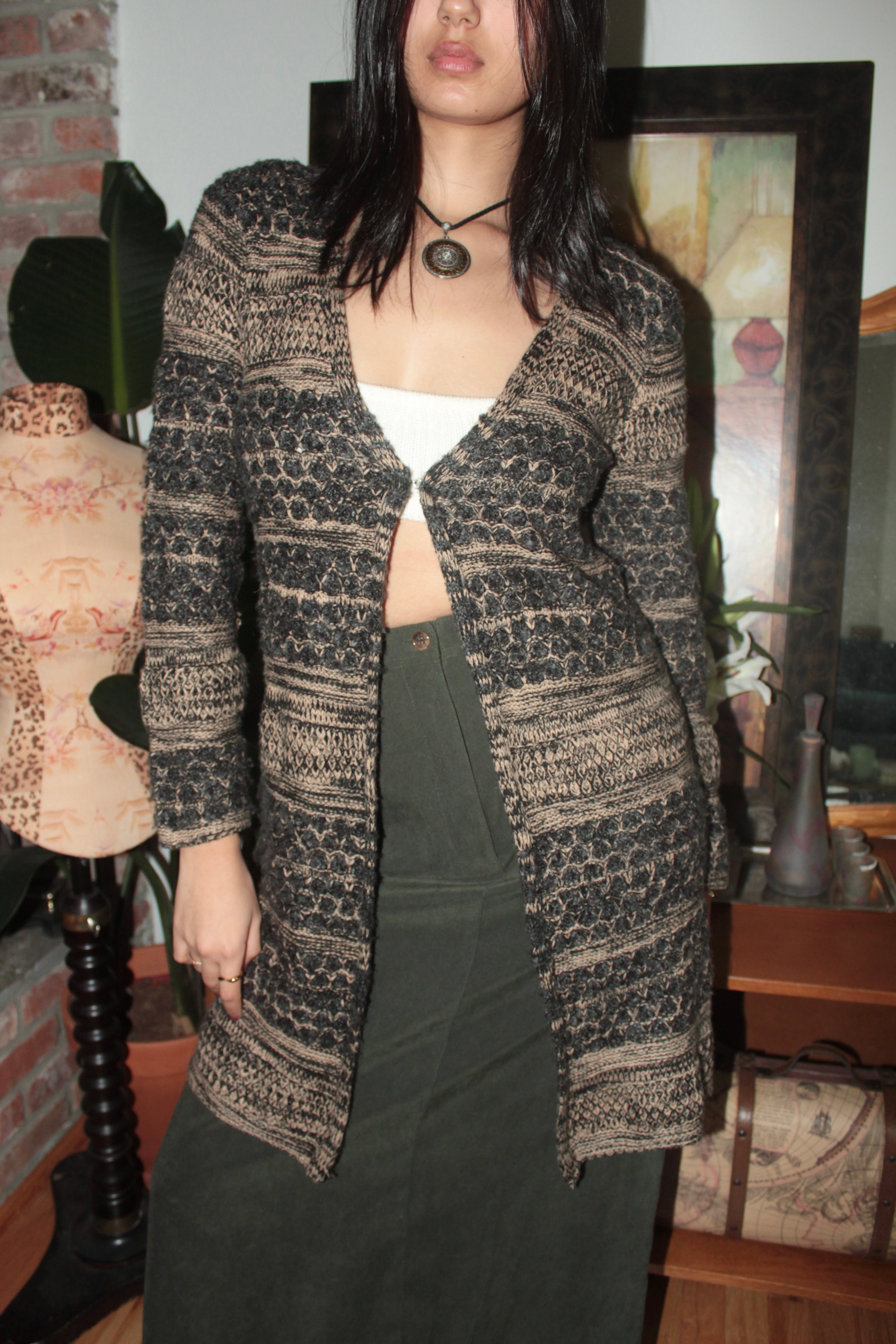 Vintage Cozy Mixed-Knit Long Cardigan (S)