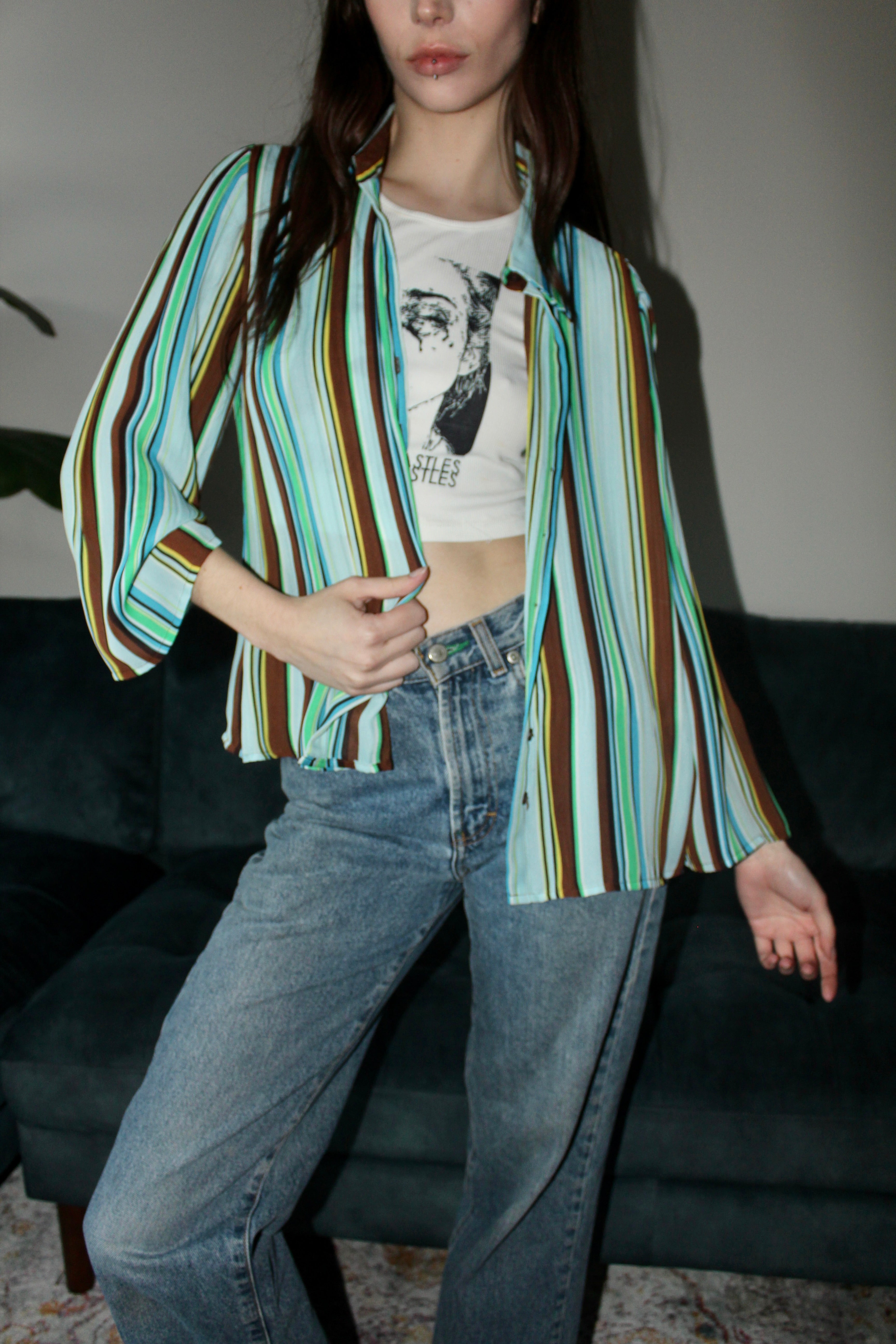 Vintage 00s Striped Pleated Blouse (M)